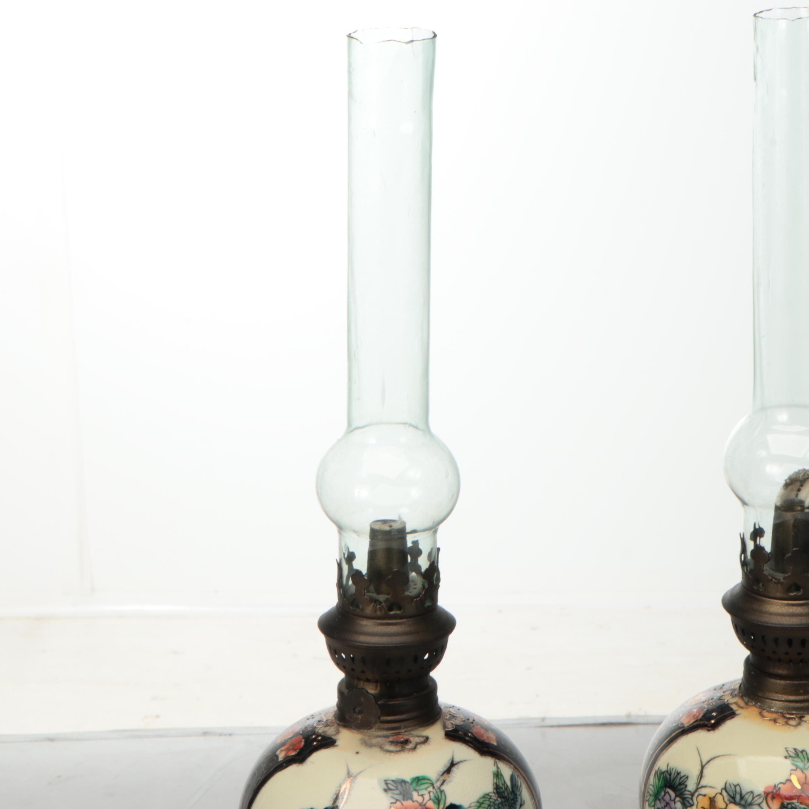 Pair of Satsuma Style Hand-Painted Ceramic Oil Lamps, Vintage