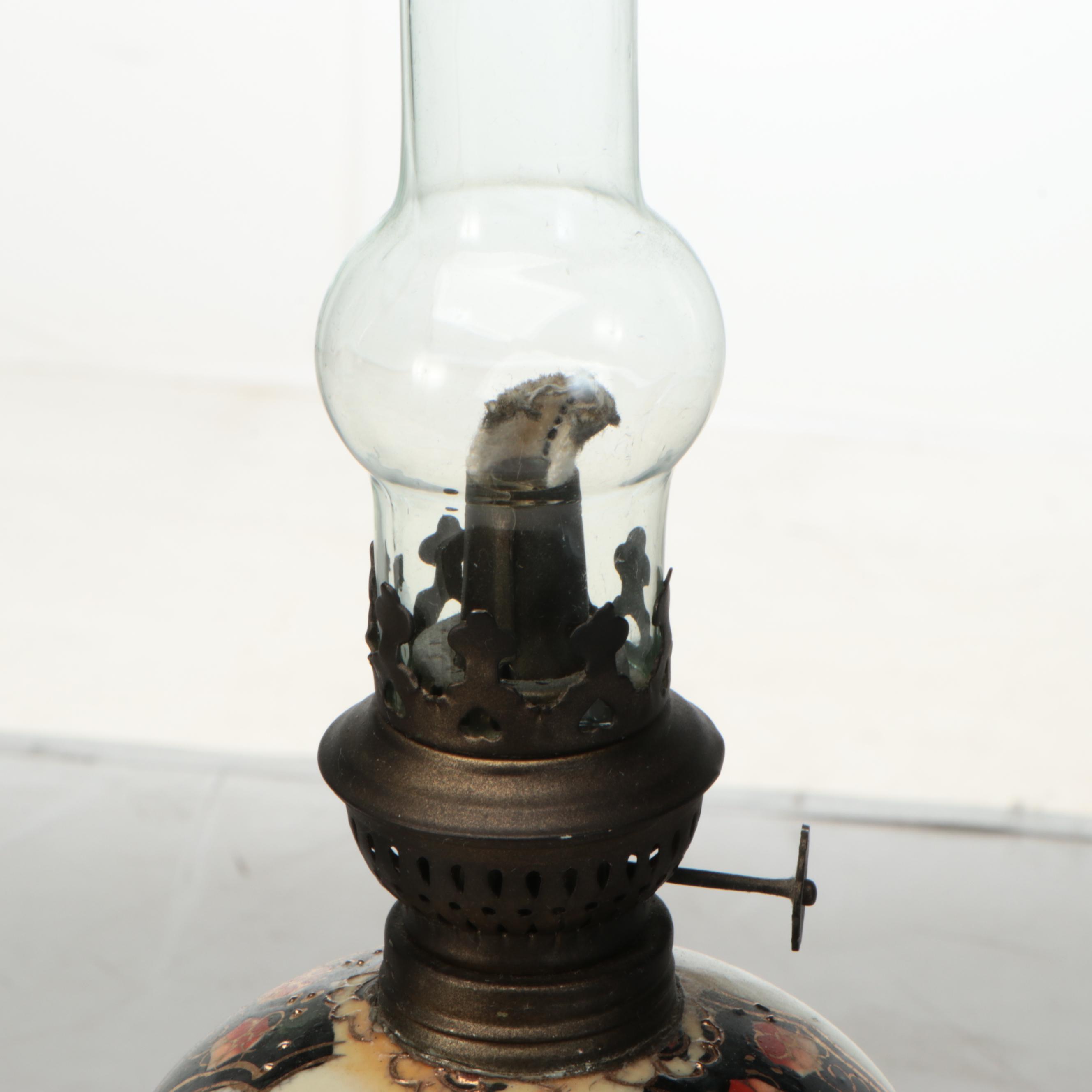 Pair of Satsuma Style Hand-Painted Ceramic Oil Lamps, Vintage