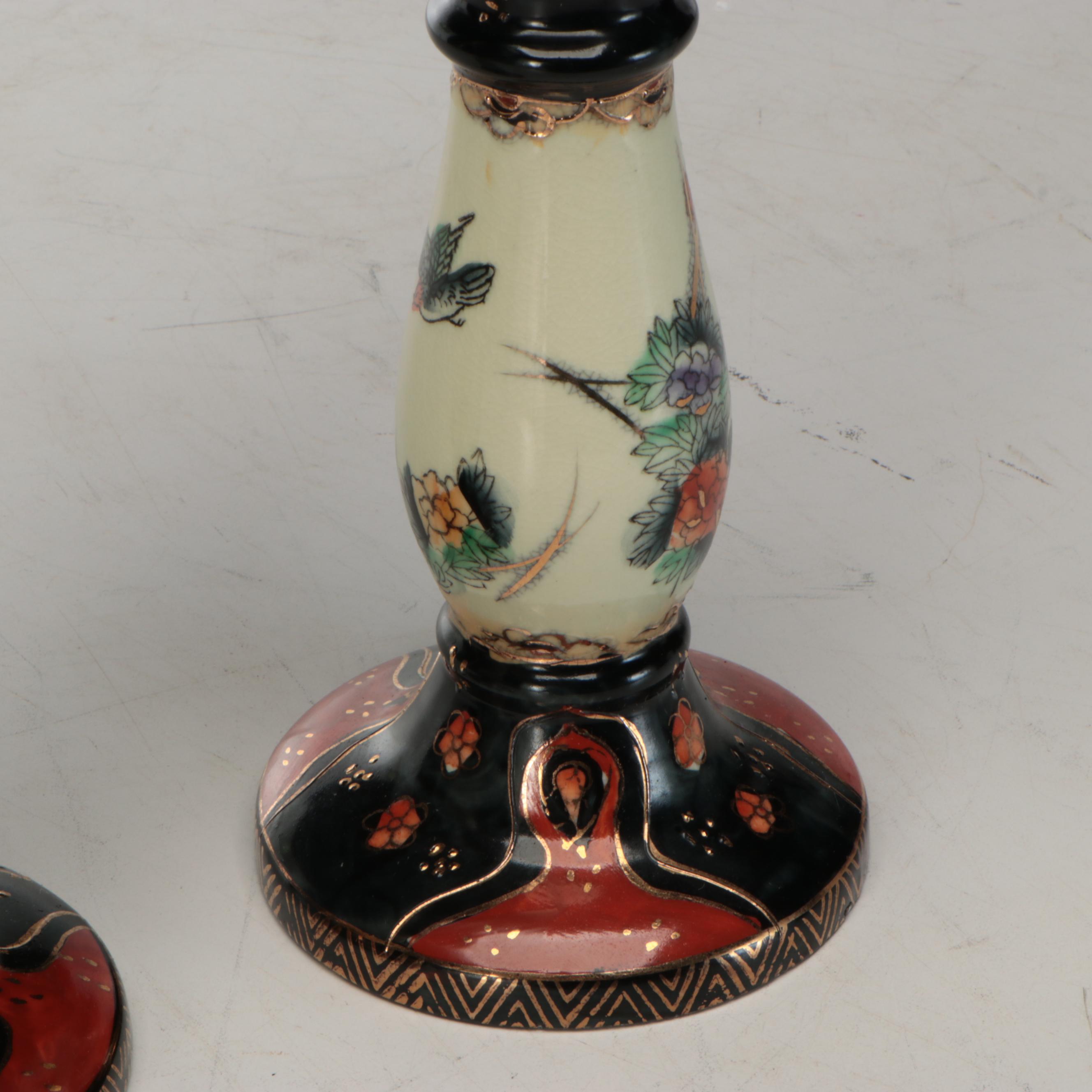 Pair of Satsuma Style Hand-Painted Ceramic Oil Lamps, Vintage