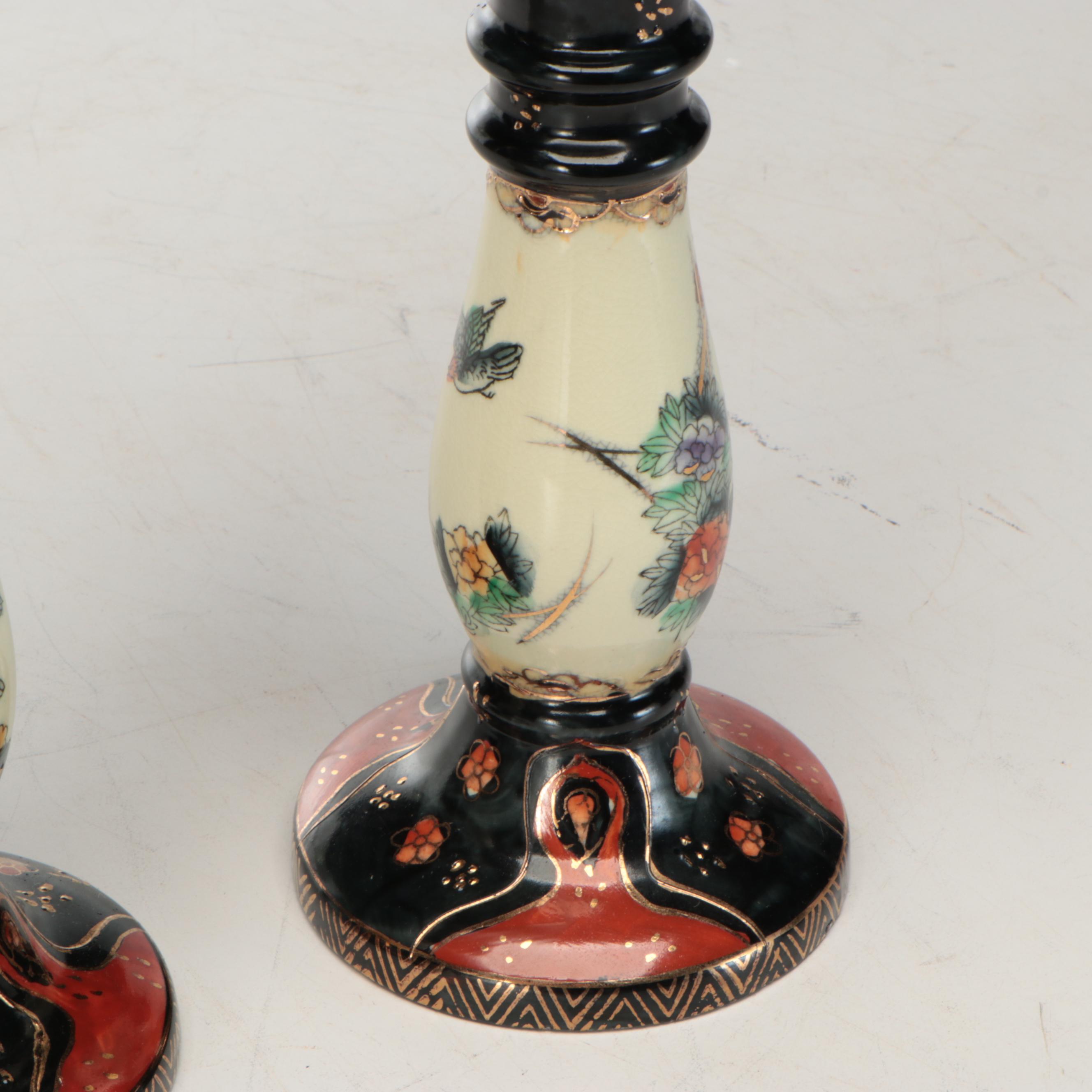 Pair of Satsuma Style Hand-Painted Ceramic Oil Lamps, Vintage