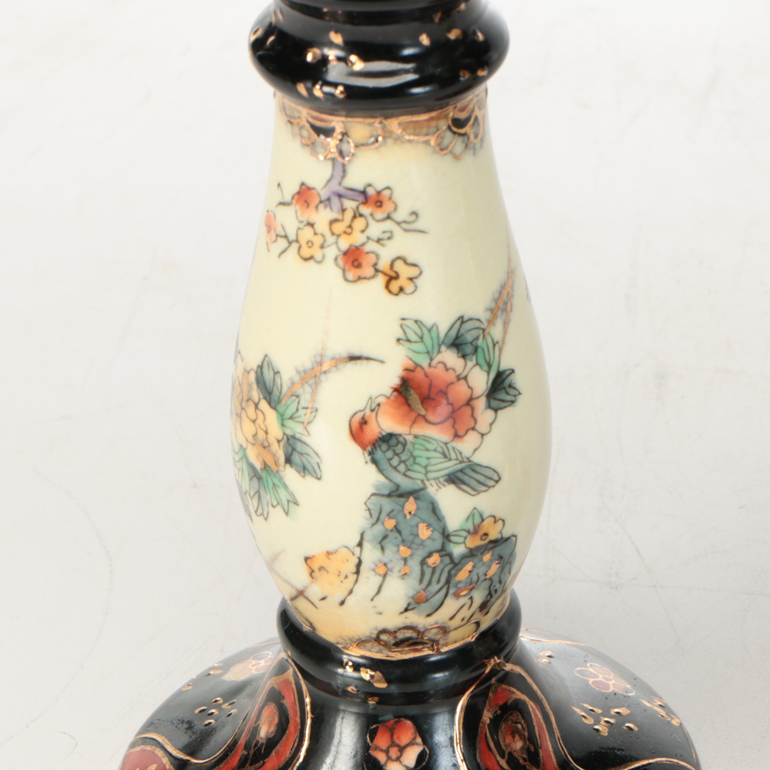 Pair of Satsuma Style Hand-Painted Ceramic Oil Lamps, Vintage