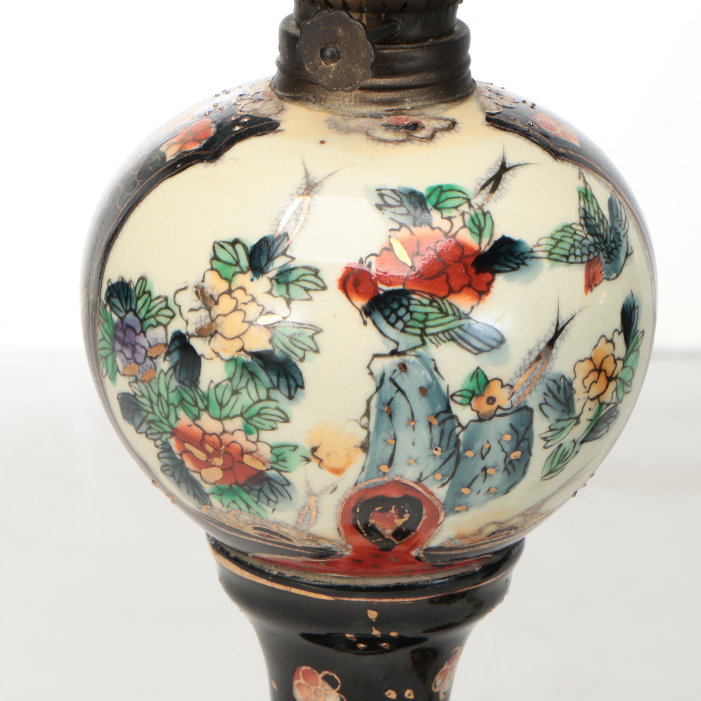 Pair of Satsuma Style Hand-Painted Ceramic Oil Lamps, Vintage