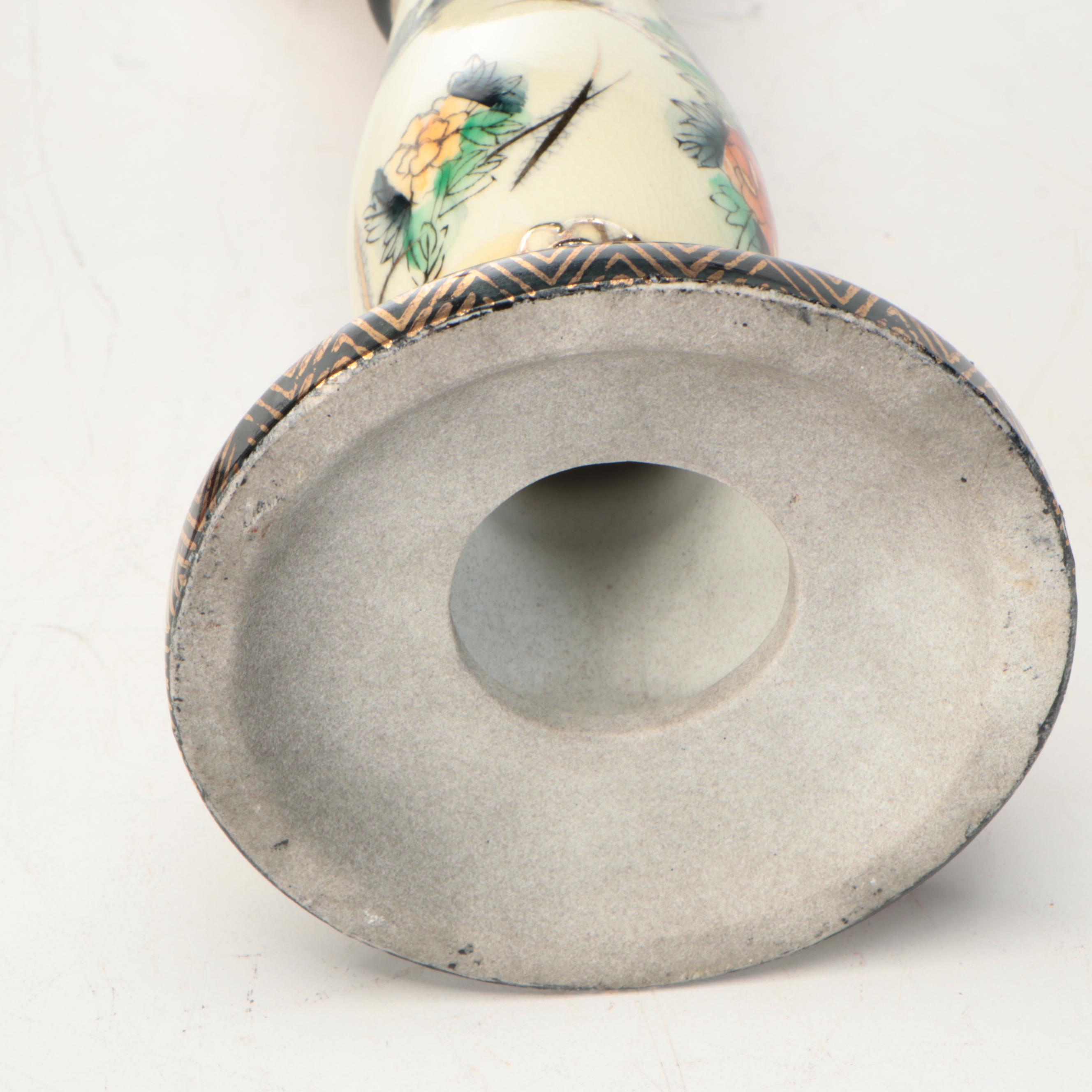 Pair of Satsuma Style Hand-Painted Ceramic Oil Lamps, Vintage