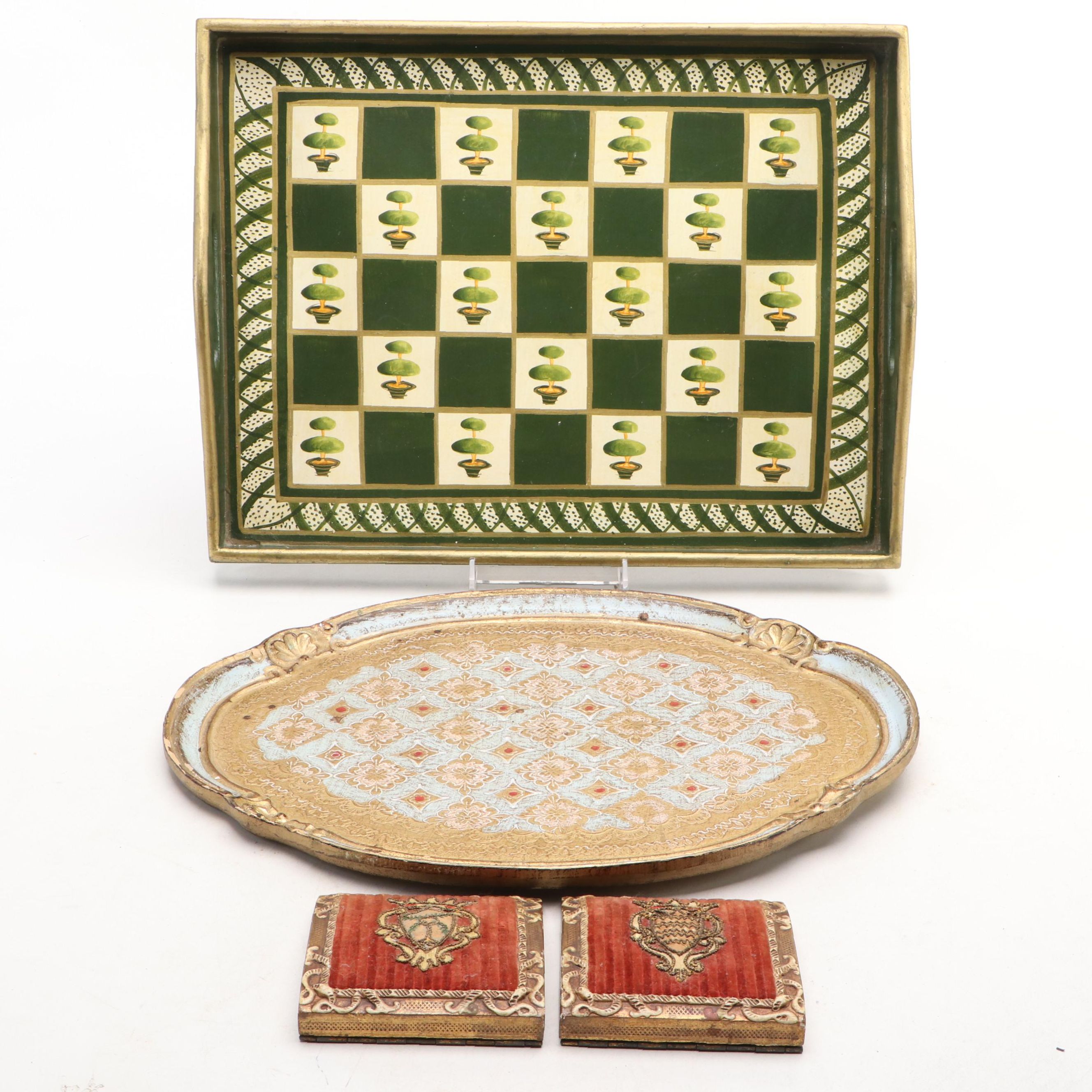 Florentine Armorial Papier-Mâché Bookends and Tray with Other Wooden Tray