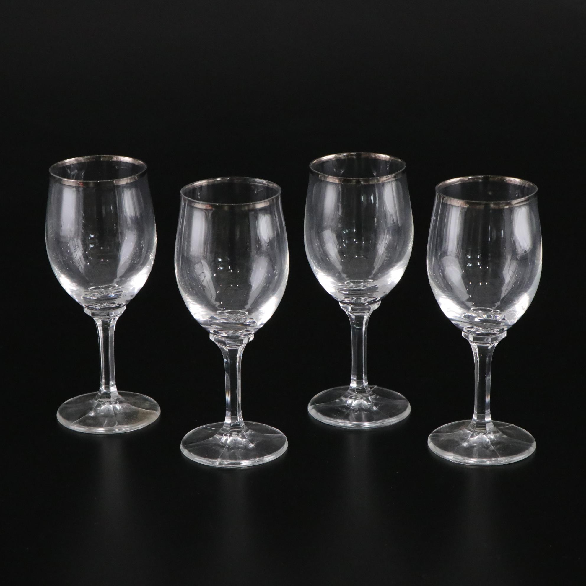 Etched Pink Glass Vase with Cordial & Gilt Rimmed Wine Glasses