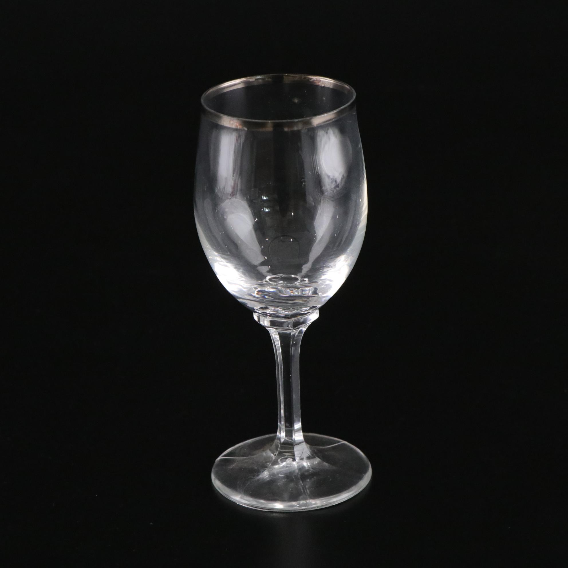 Etched Pink Glass Vase with Cordial & Gilt Rimmed Wine Glasses