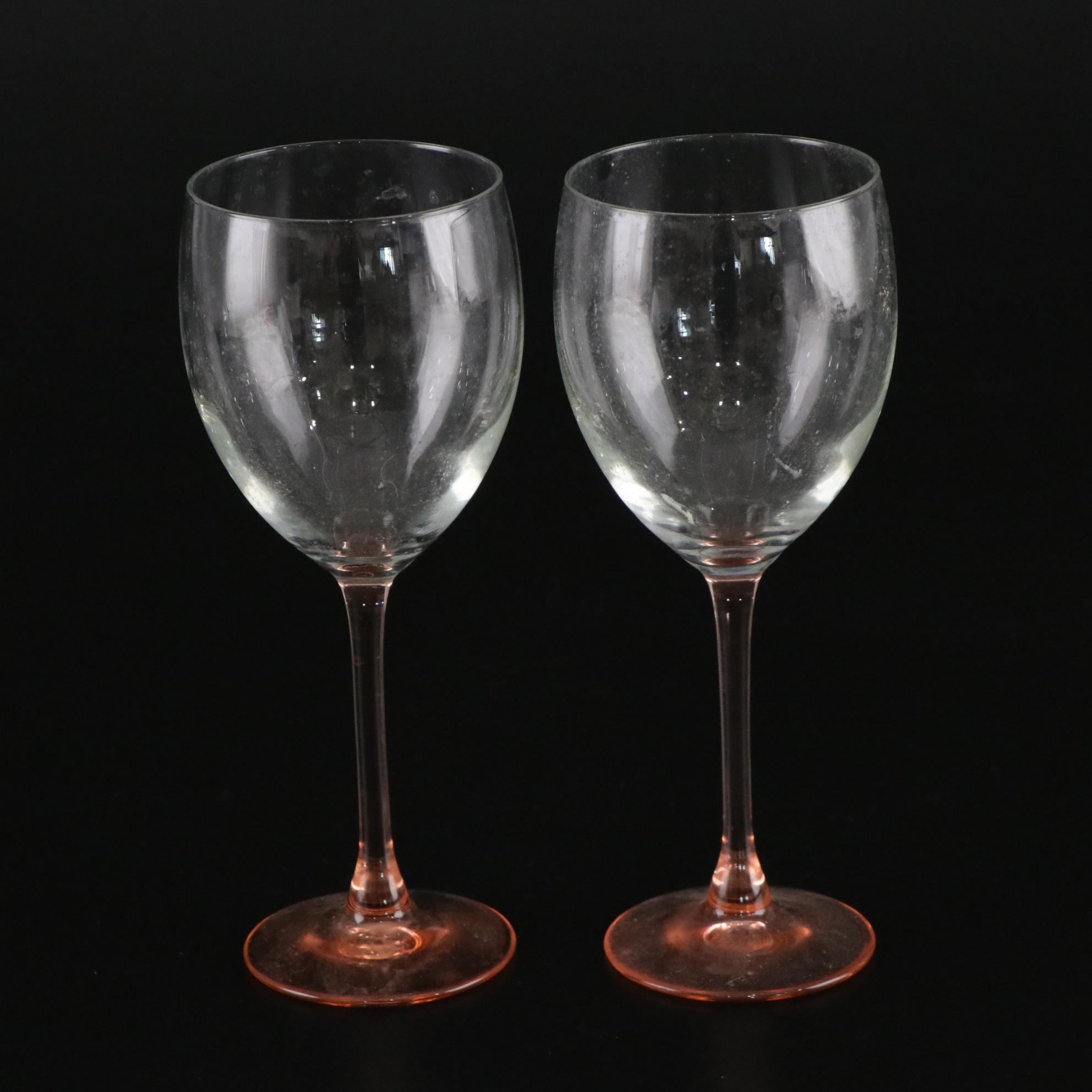 Etched Pink Glass Vase with Cordial & Gilt Rimmed Wine Glasses
