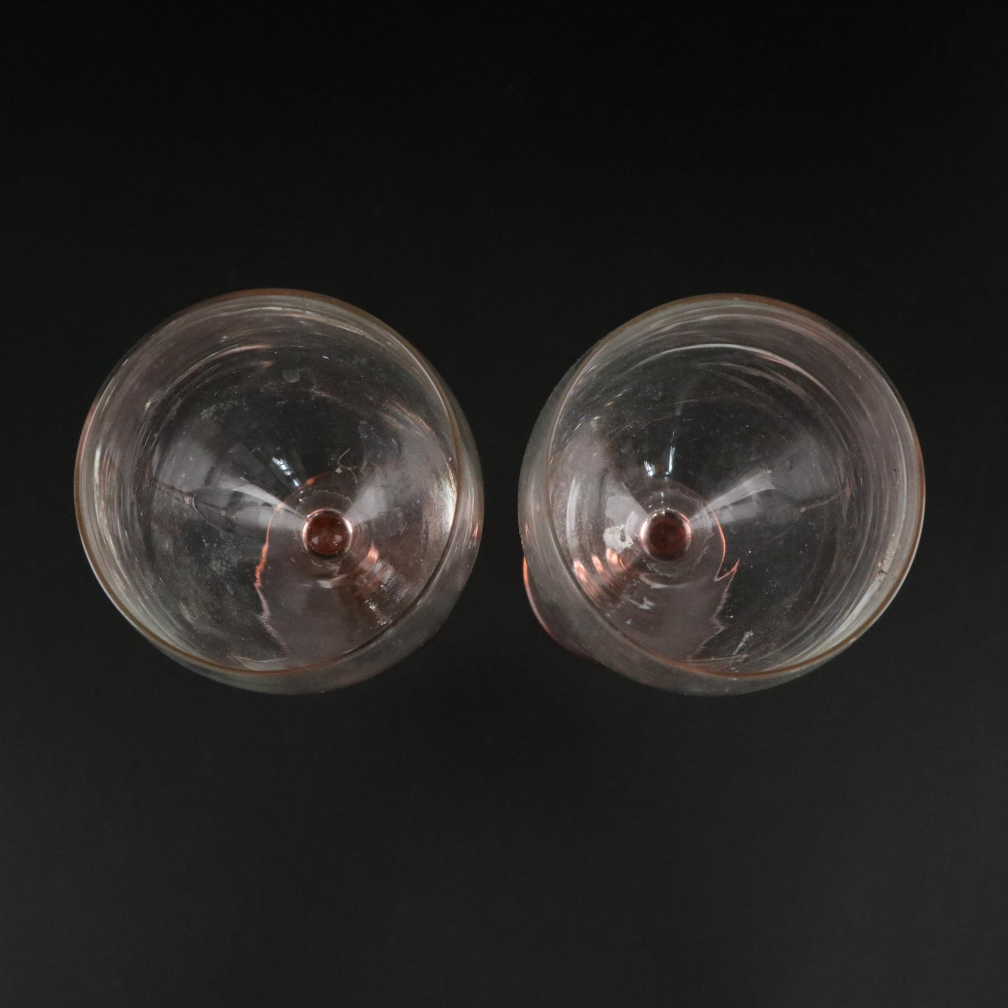 Etched Pink Glass Vase with Cordial & Gilt Rimmed Wine Glasses