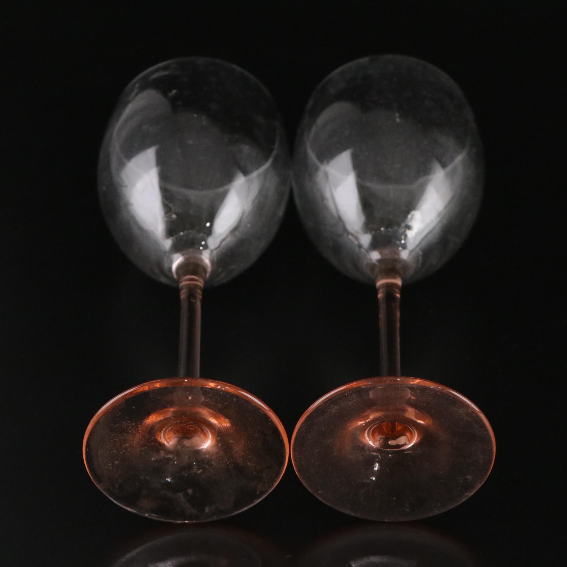 Etched Pink Glass Vase with Cordial & Gilt Rimmed Wine Glasses