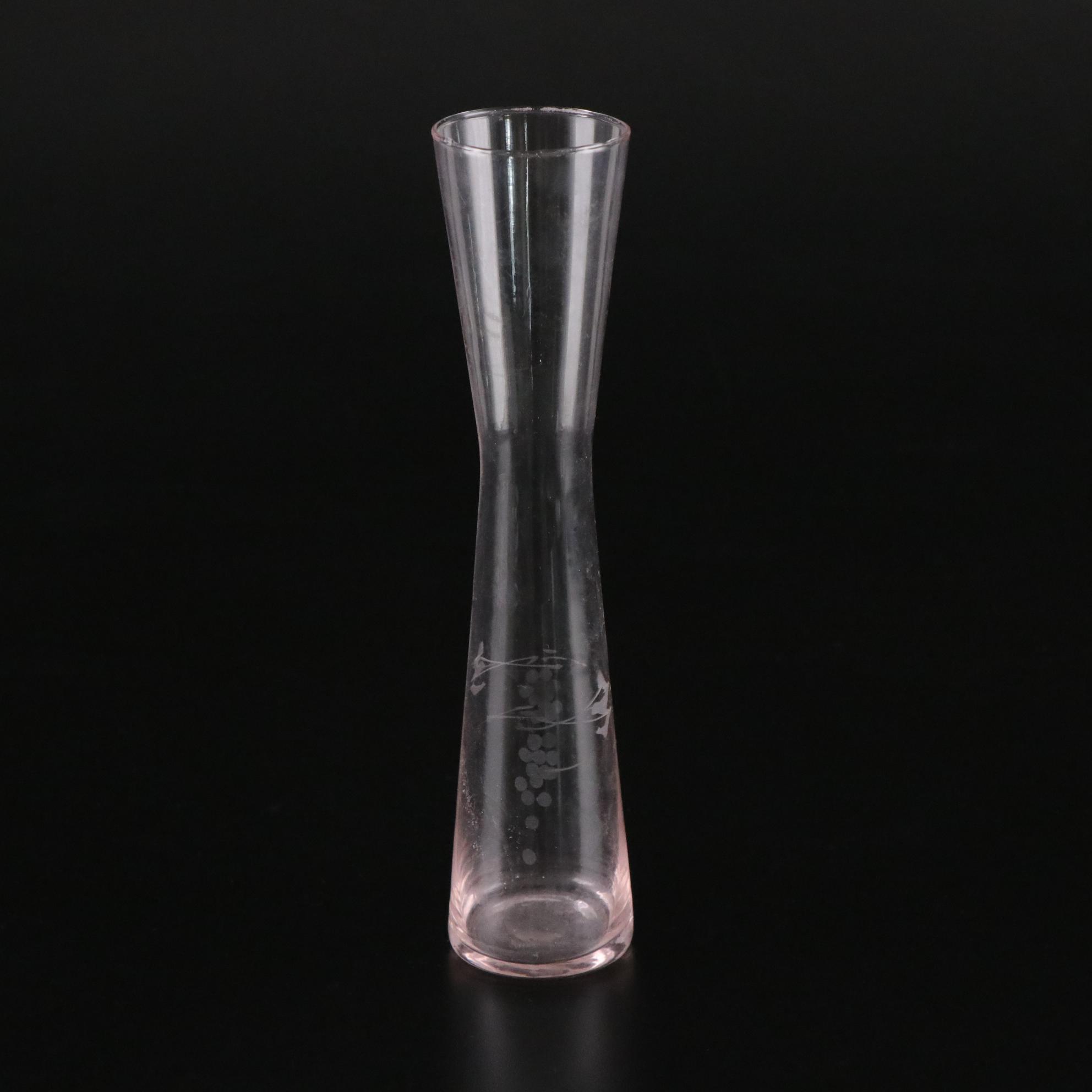 Etched Pink Glass Vase with Cordial & Gilt Rimmed Wine Glasses
