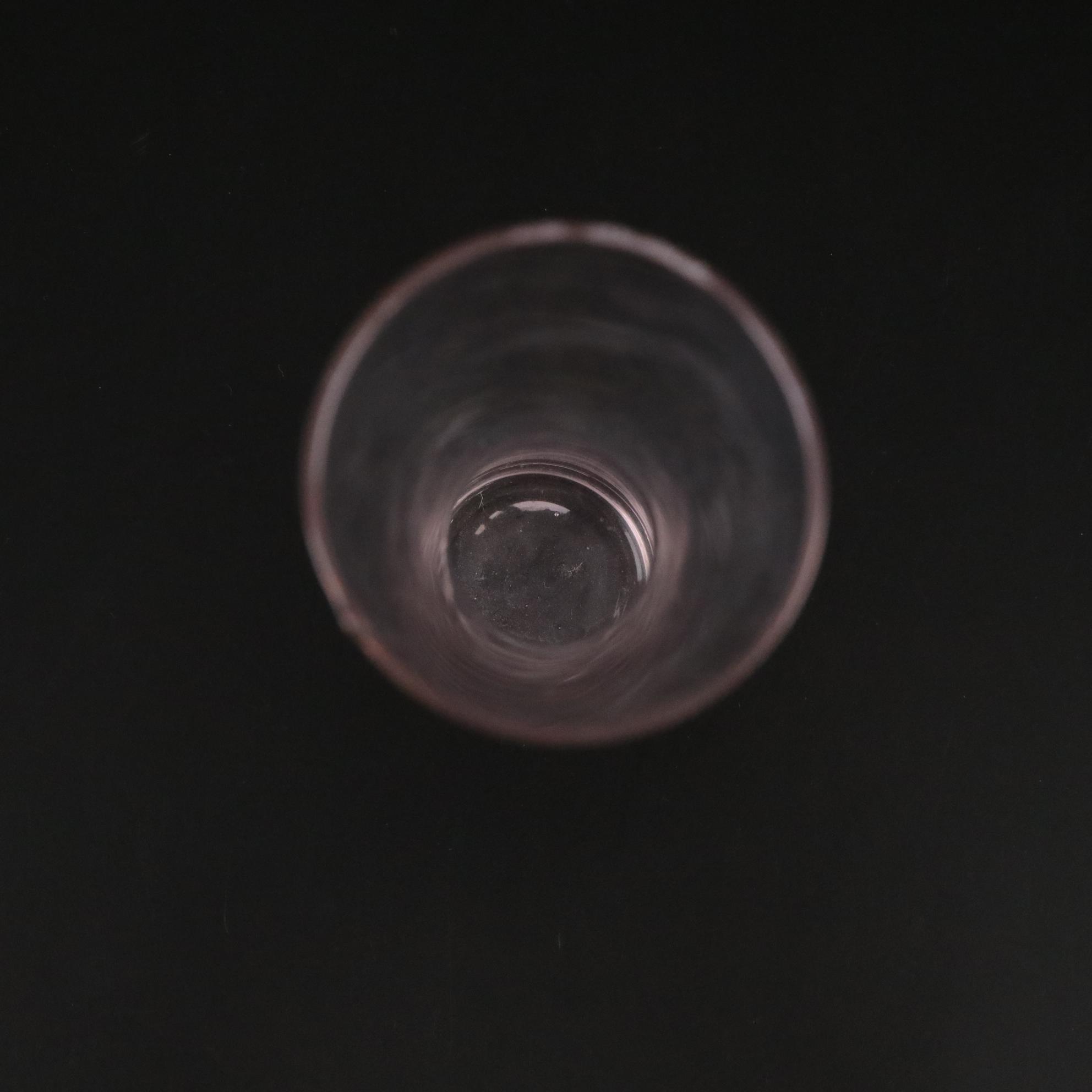 Etched Pink Glass Vase with Cordial & Gilt Rimmed Wine Glasses