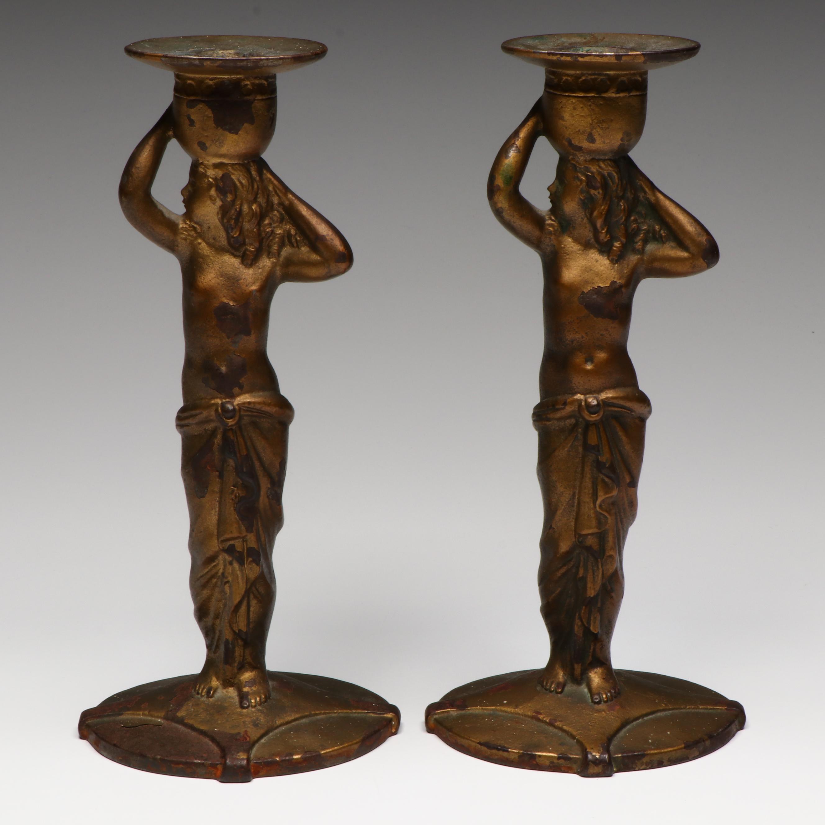 Antique Decorative Arts League Grecian Statuette Candlesticks, Early 20th C,