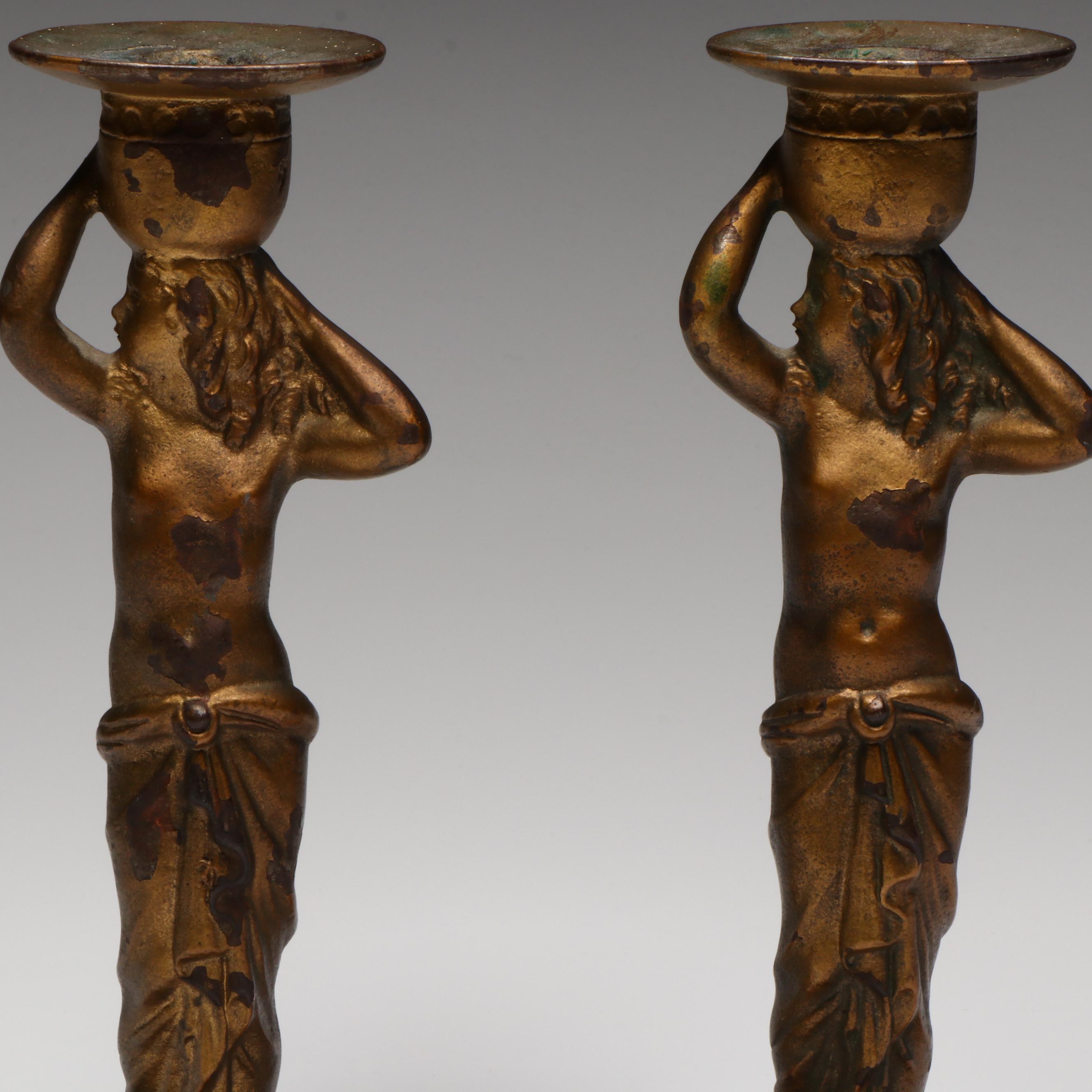 Antique Decorative Arts League Grecian Statuette Candlesticks, Early 20th C,