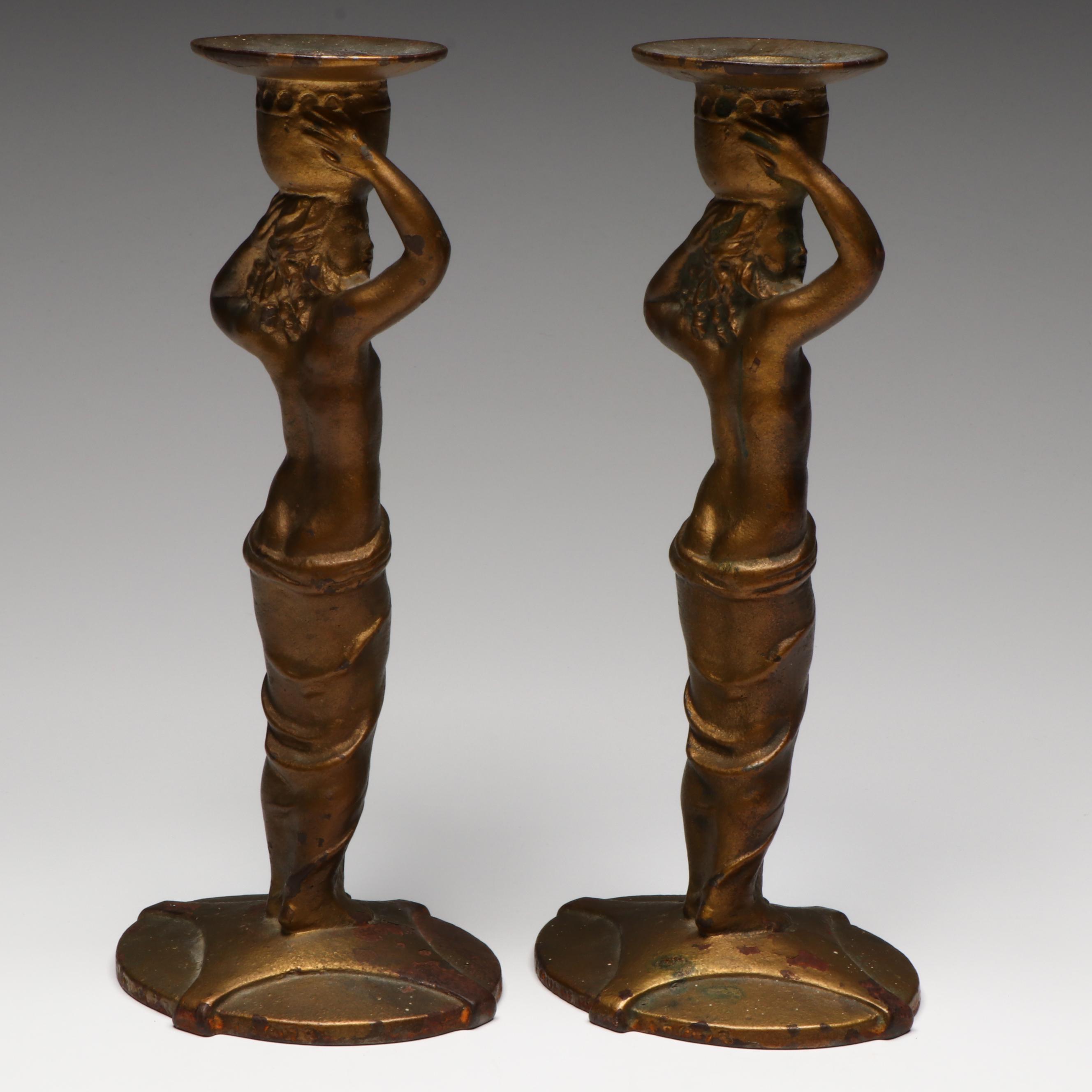 Antique Decorative Arts League Grecian Statuette Candlesticks, Early 20th C,