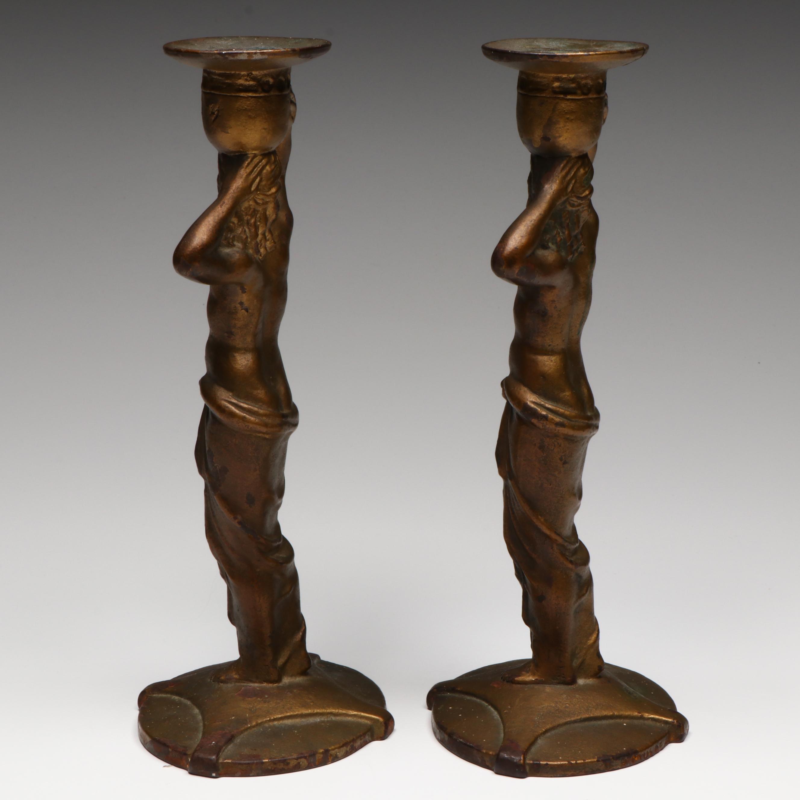 Antique Decorative Arts League Grecian Statuette Candlesticks, Early 20th C,