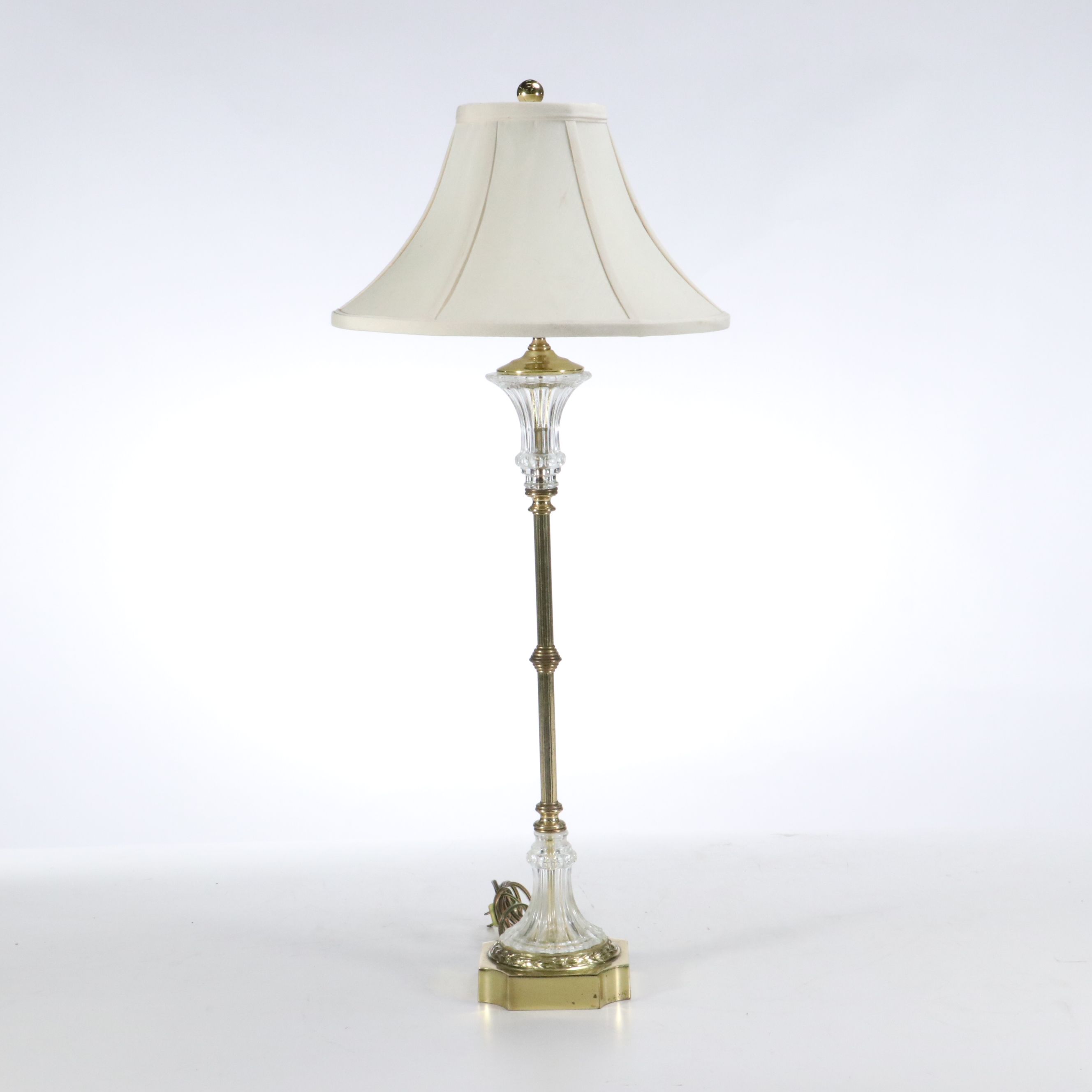 Pair of Neoclassical Style Brass and Glass Console Lamps, Silk Shades