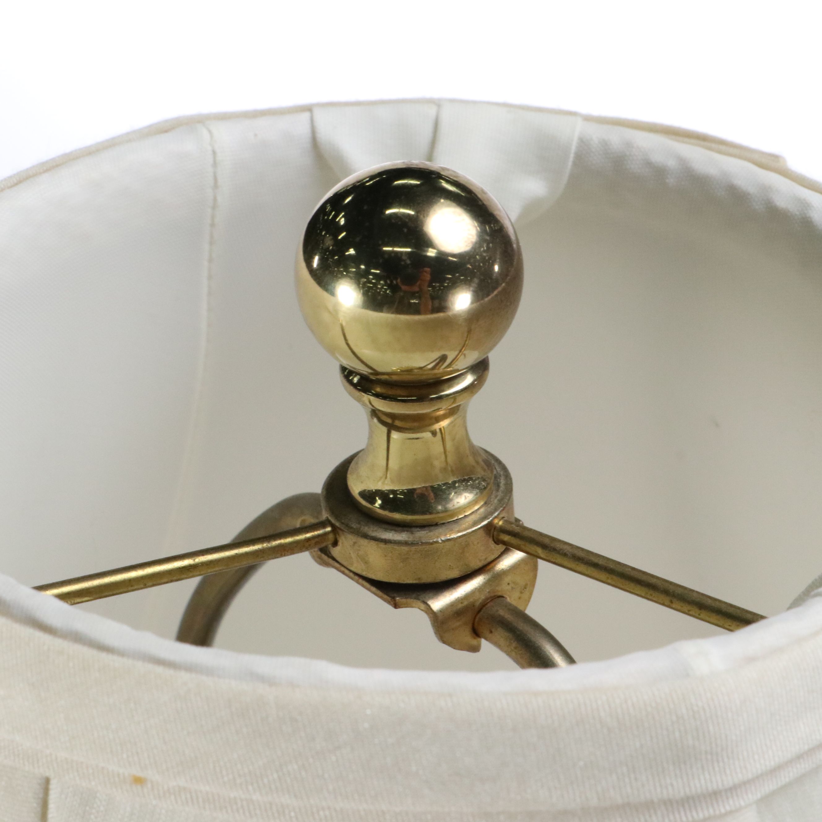 Pair of Neoclassical Style Brass and Glass Console Lamps, Silk Shades