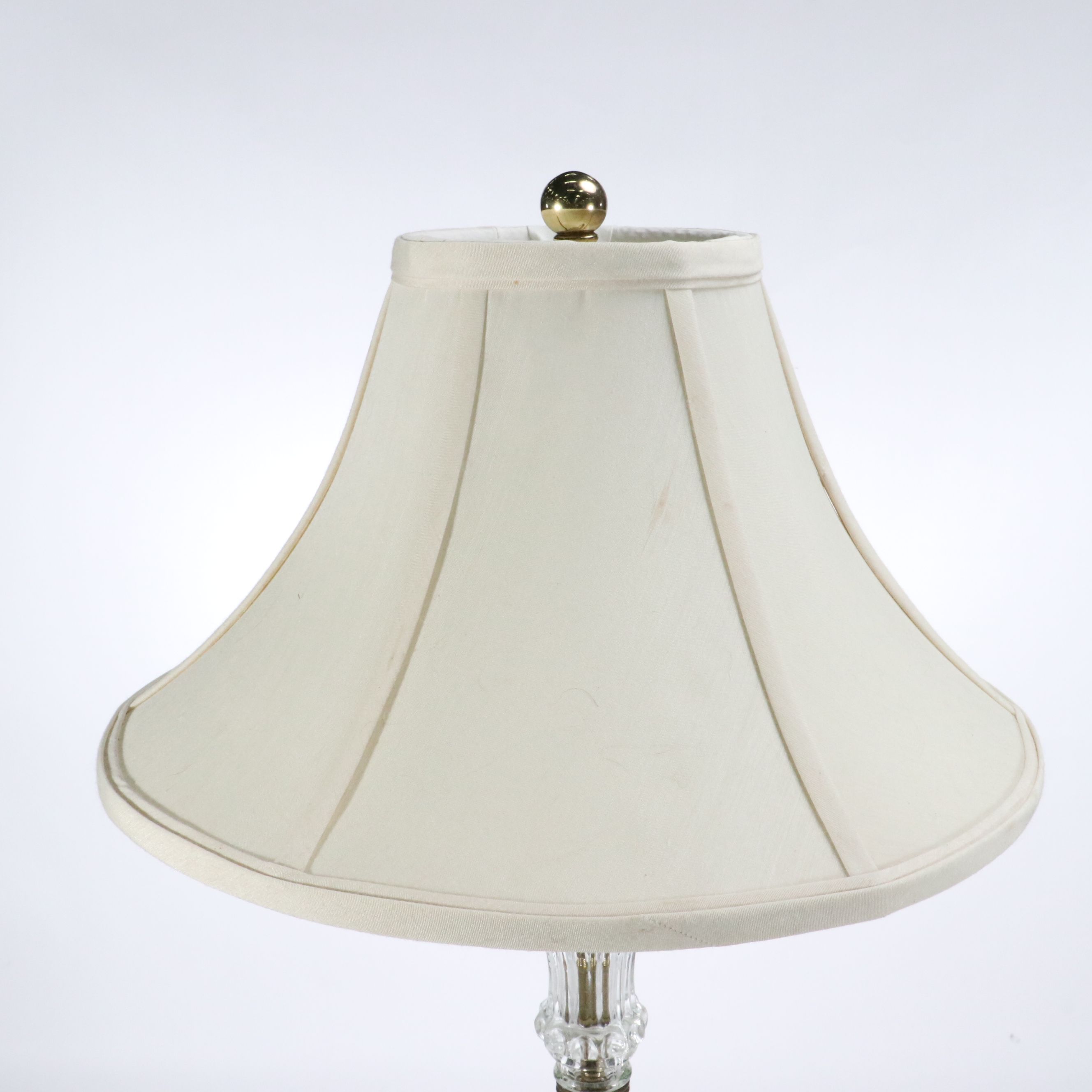 Pair of Neoclassical Style Brass and Glass Console Lamps, Silk Shades