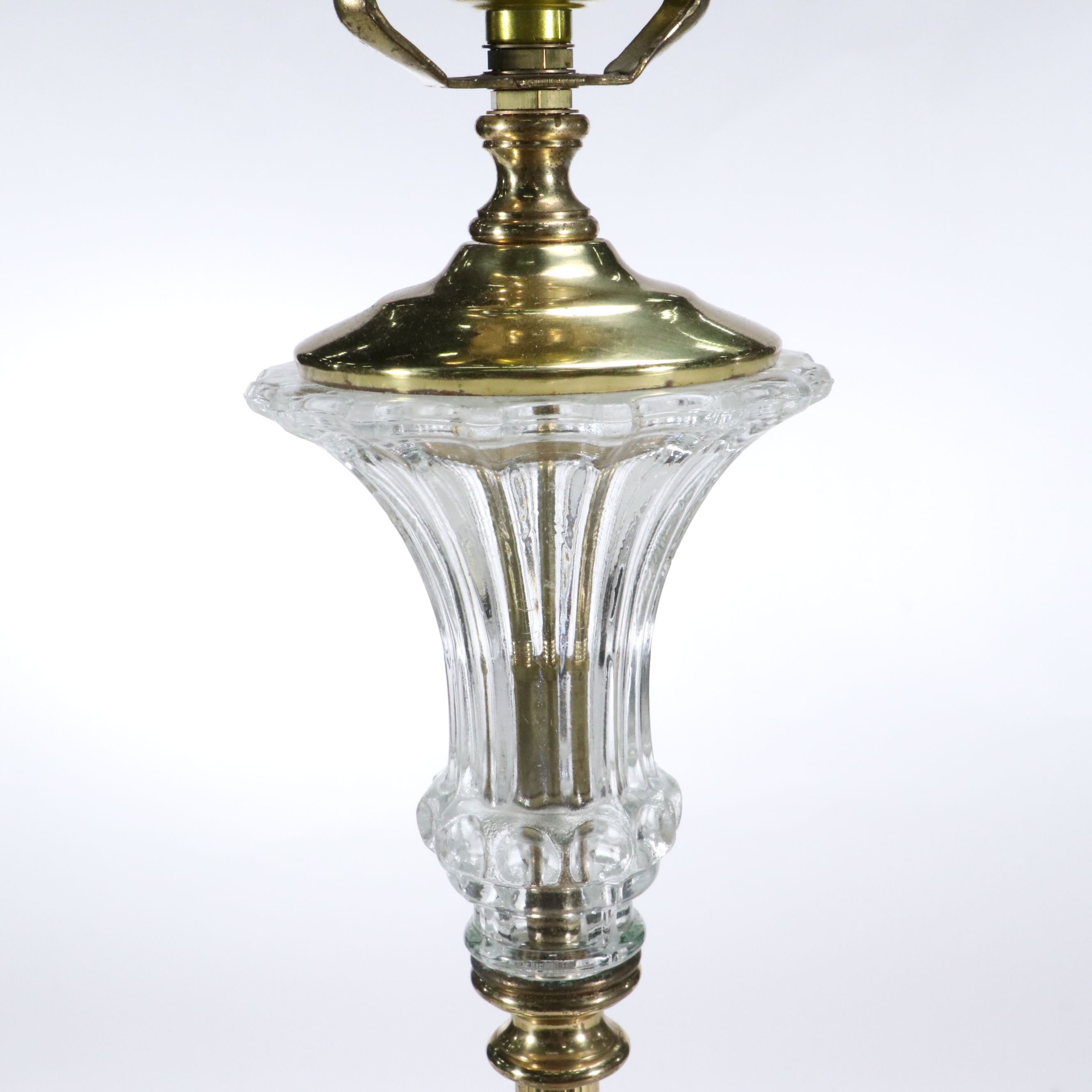 Pair of Neoclassical Style Brass and Glass Console Lamps, Silk Shades