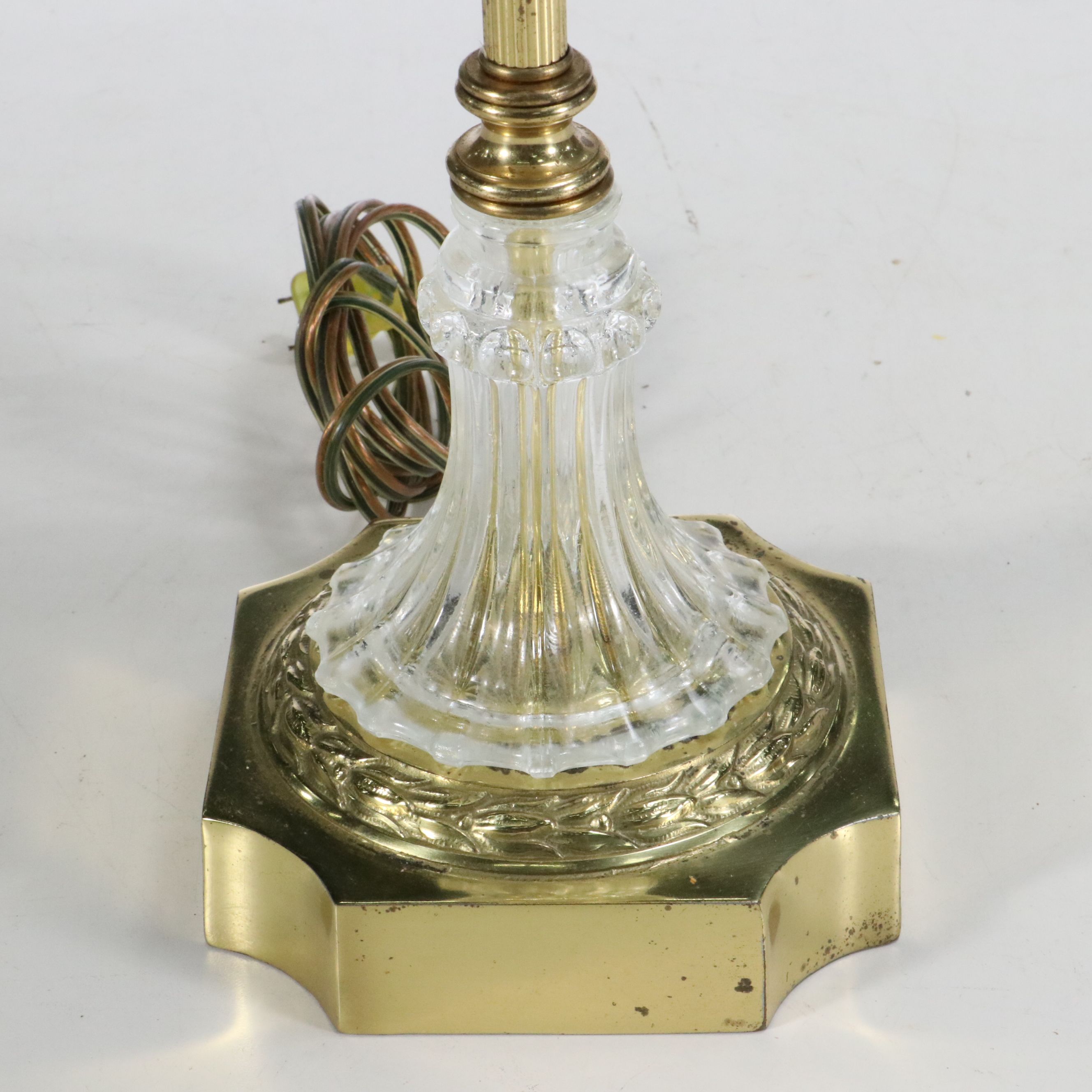 Pair of Neoclassical Style Brass and Glass Console Lamps, Silk Shades