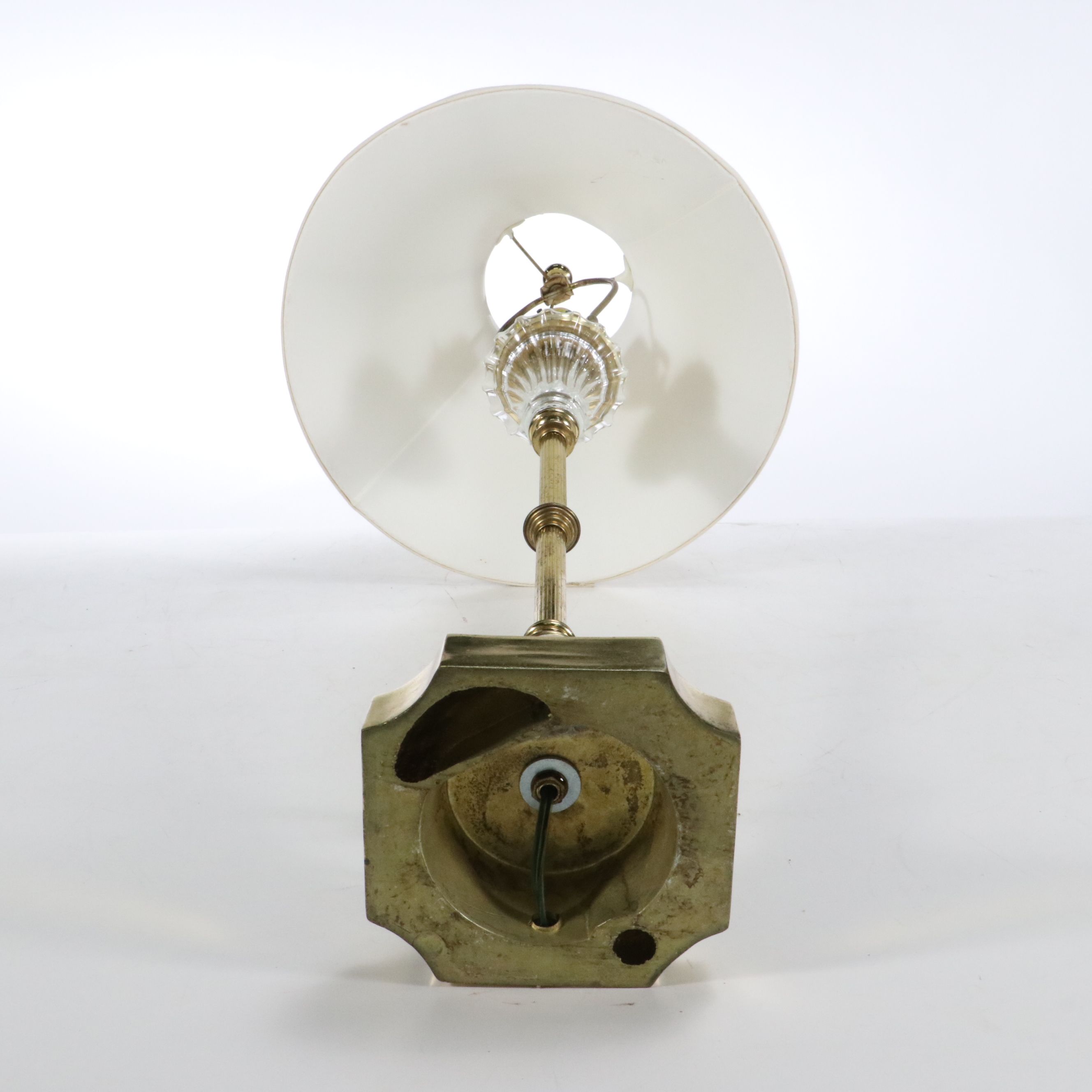 Pair of Neoclassical Style Brass and Glass Console Lamps, Silk Shades