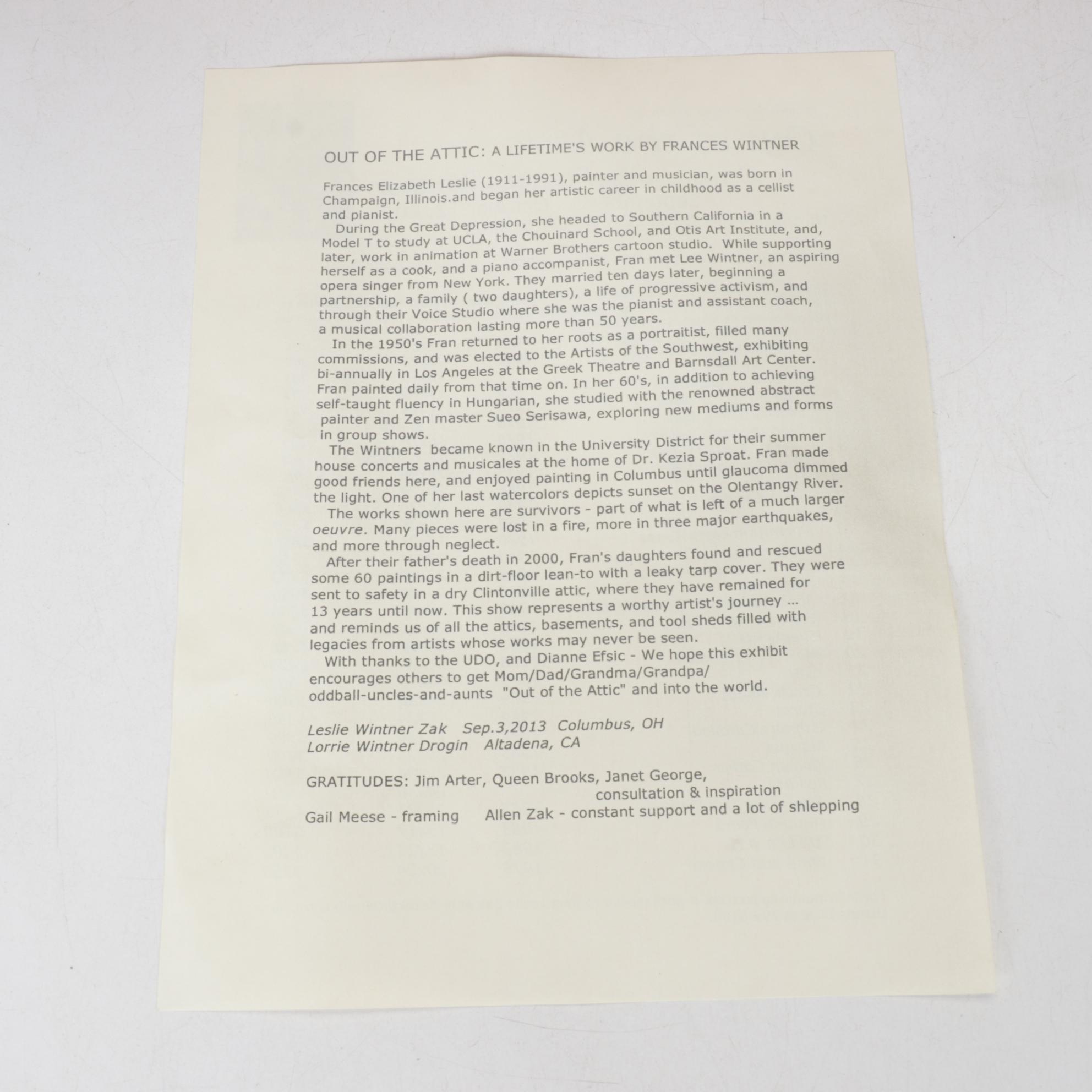 Frances Wintner Oil Painting "Autumn Pears", 1983