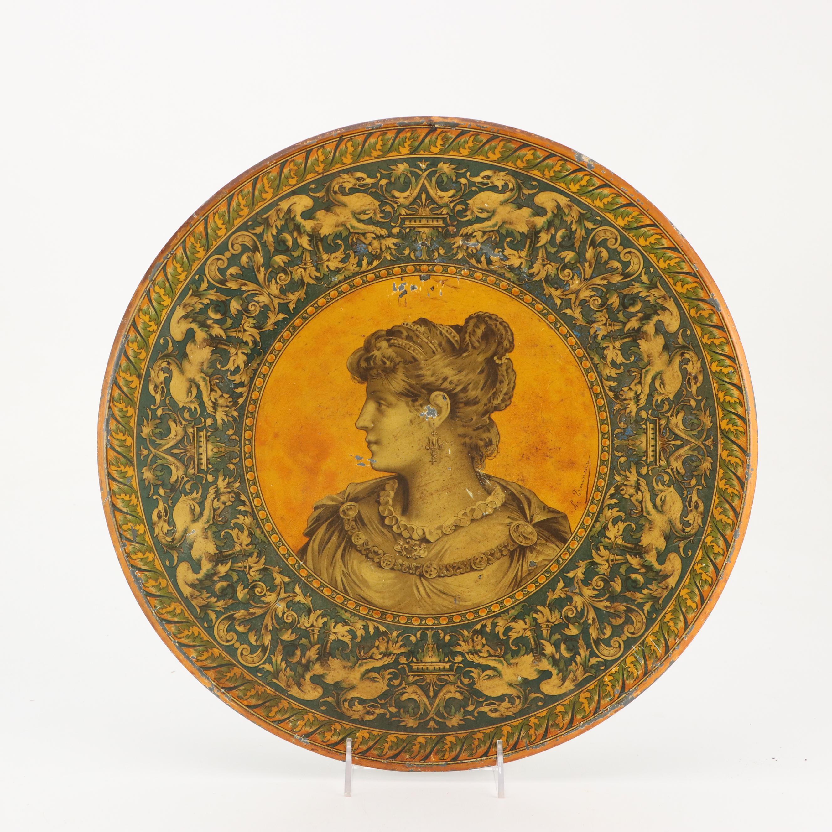 Vintage Pallas Minerva and Other Tin Litho Wall Hanging Chargers