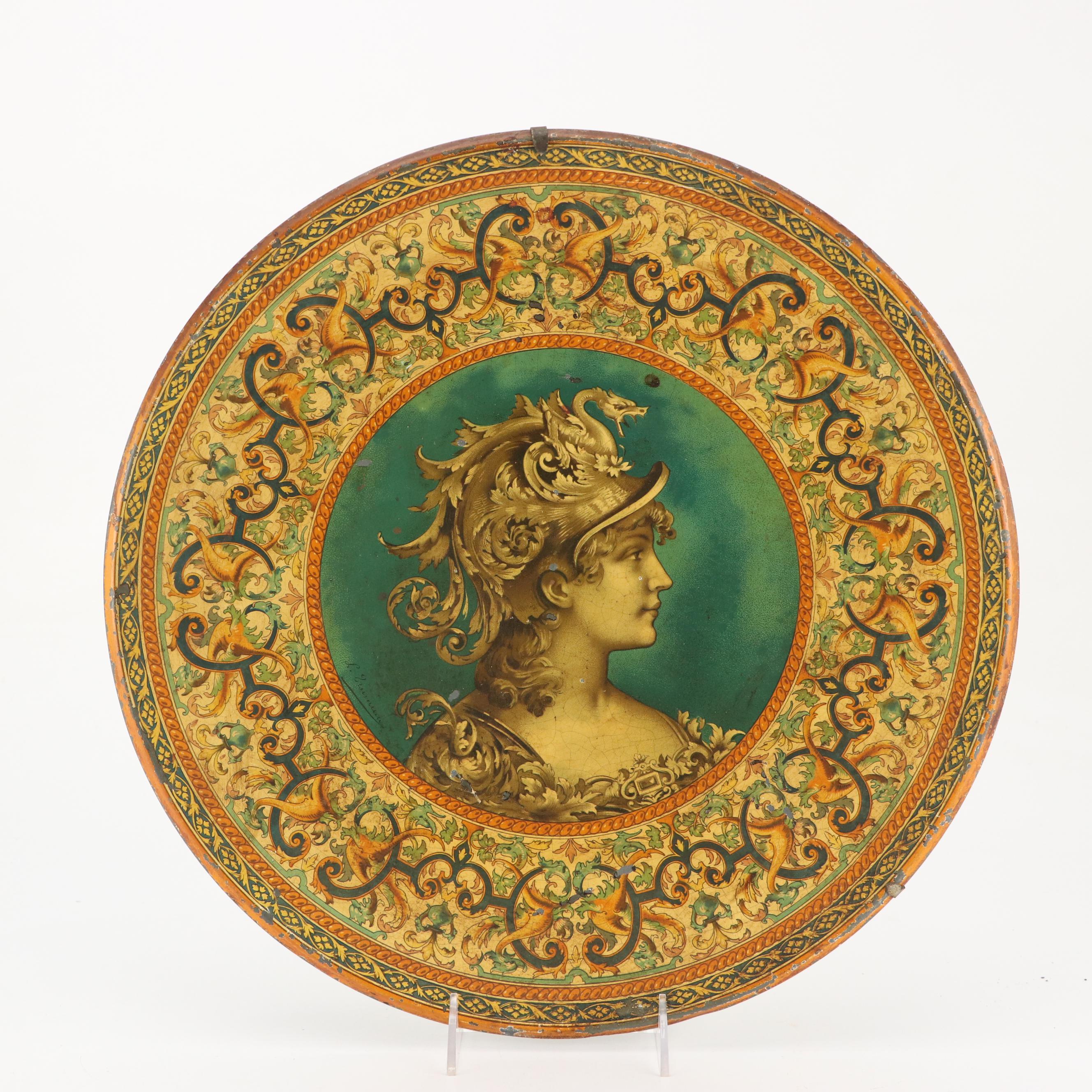 Vintage Pallas Minerva and Other Tin Litho Wall Hanging Chargers