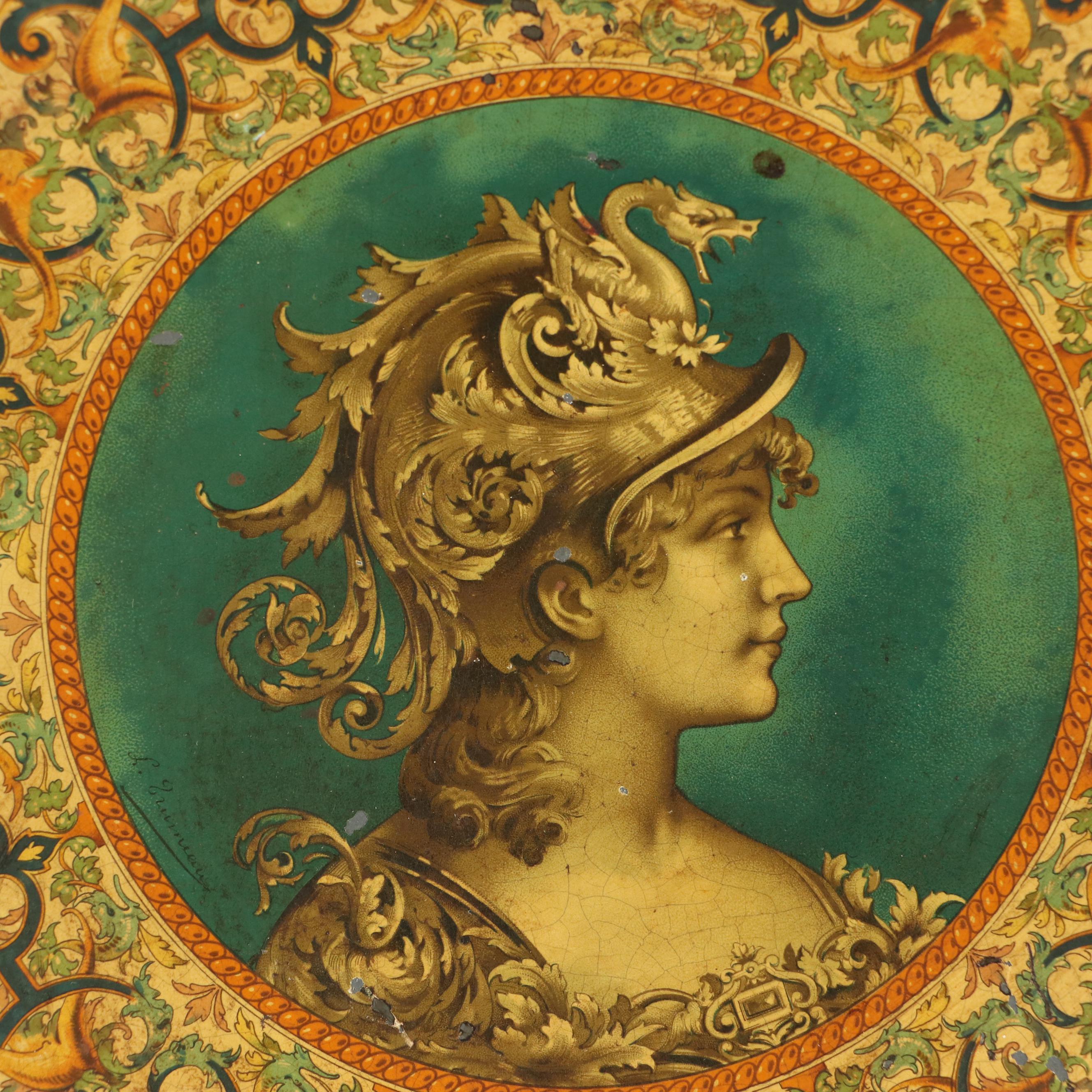 Vintage Pallas Minerva and Other Tin Litho Wall Hanging Chargers