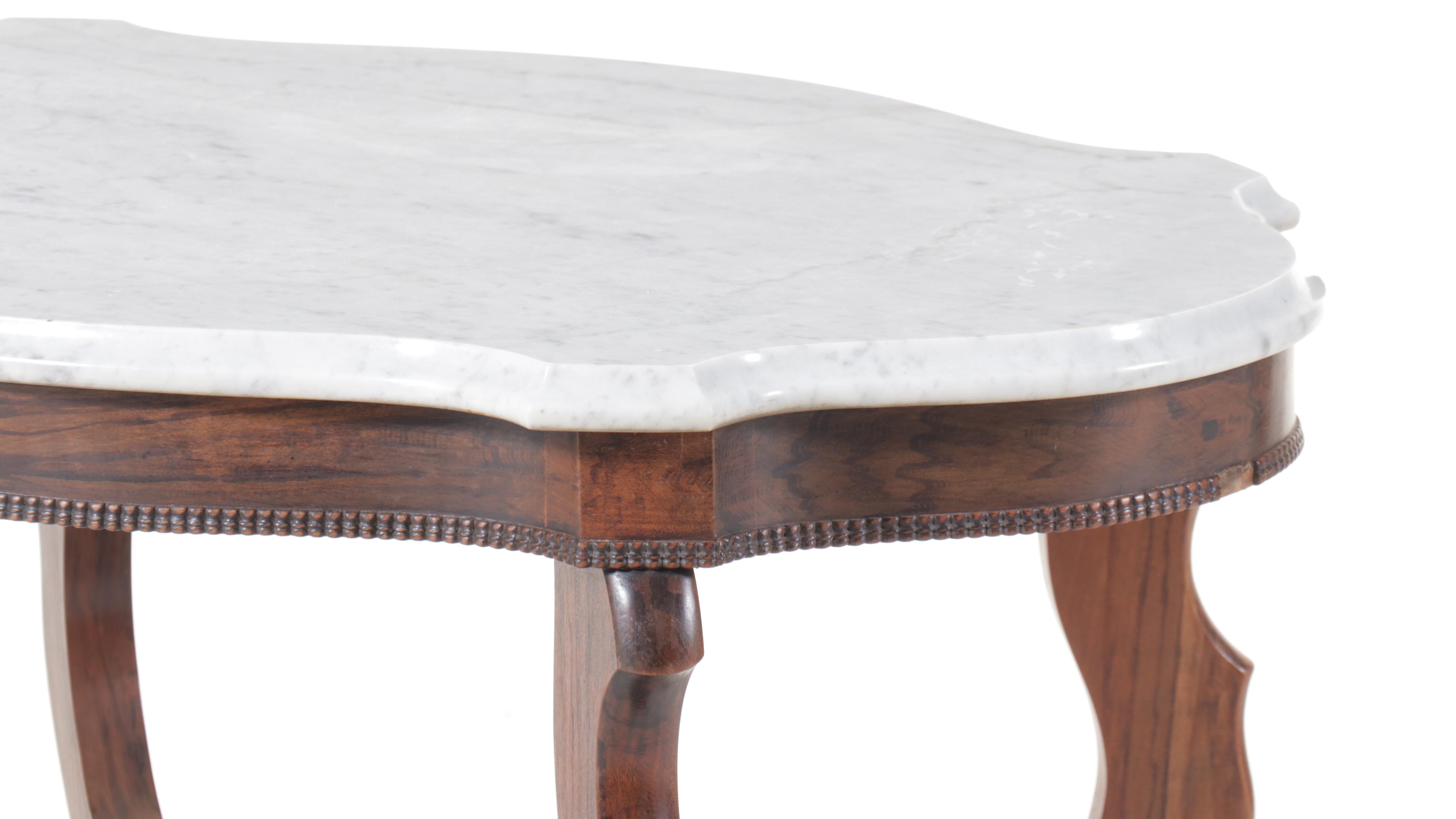 Victorian Carved Recumbent Dog Form Walnut Center Table with Marble Top