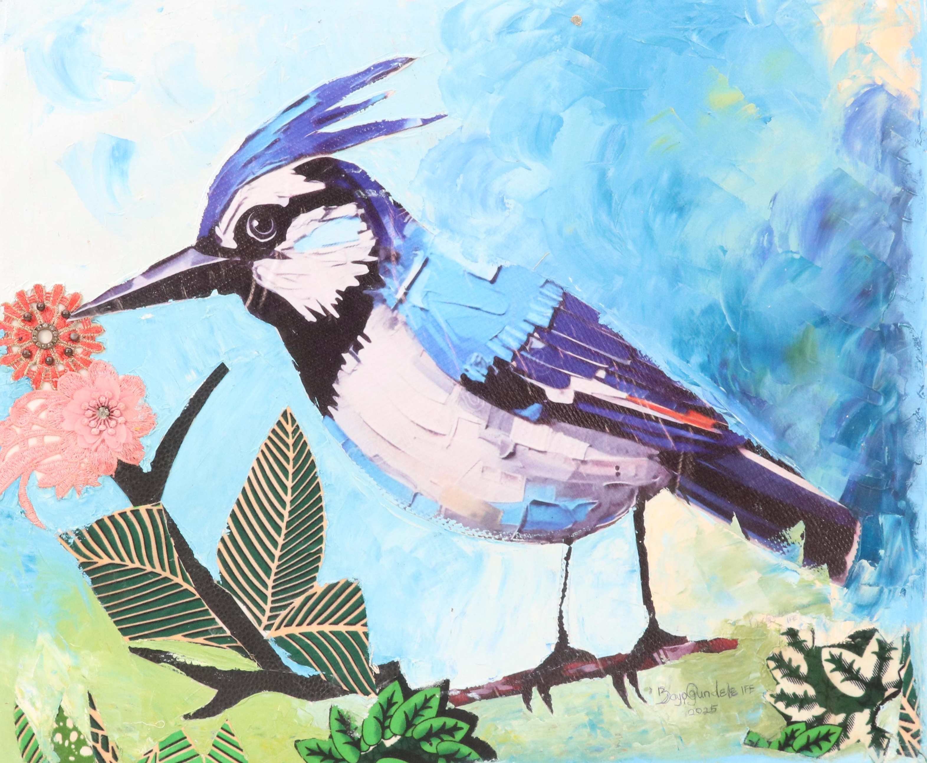 Bayo Ogundele Stylized Mixed Media Collage of Blue Jay Bird "Eye," 2025