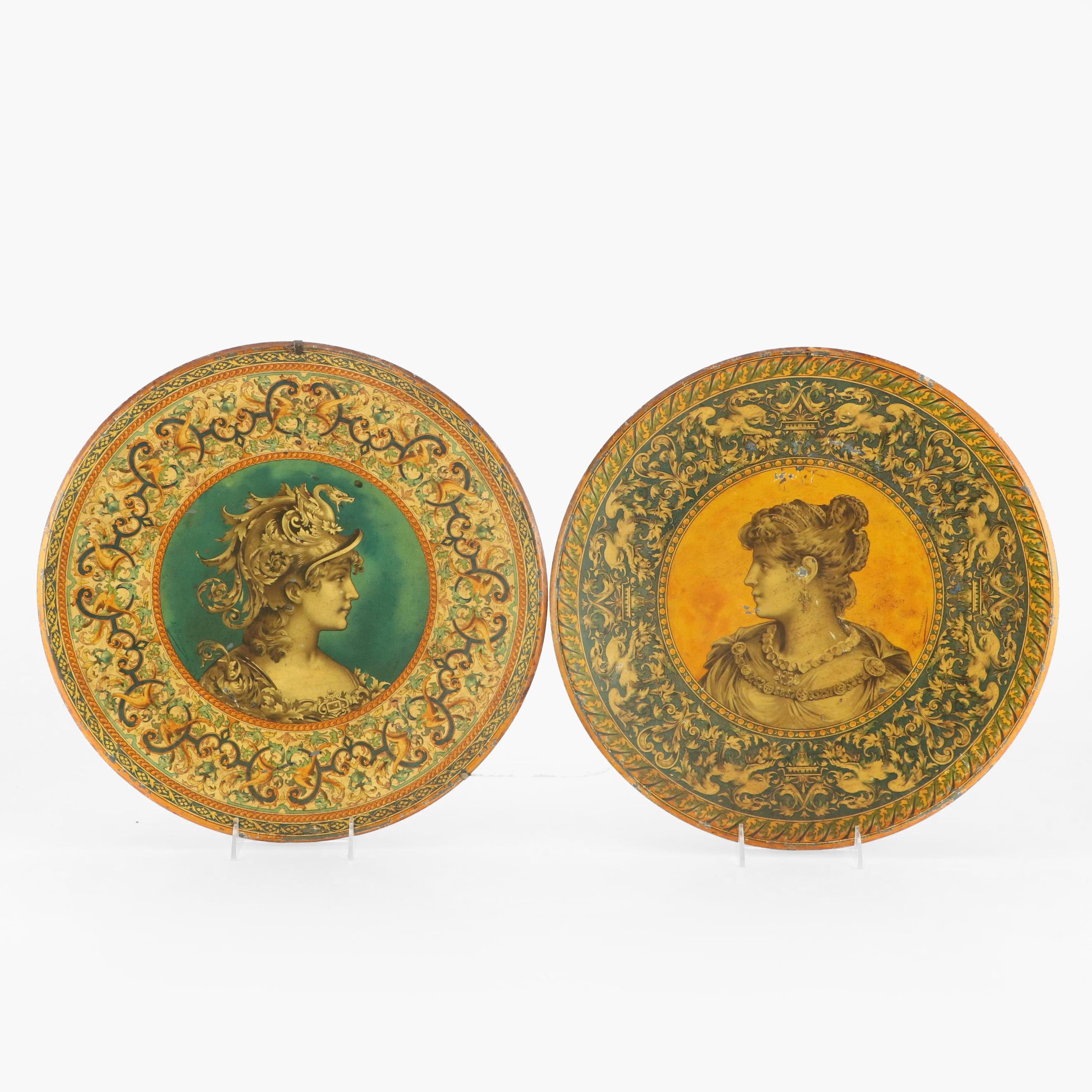 Vintage Pallas Minerva and Other Tin Litho Wall Hanging Chargers