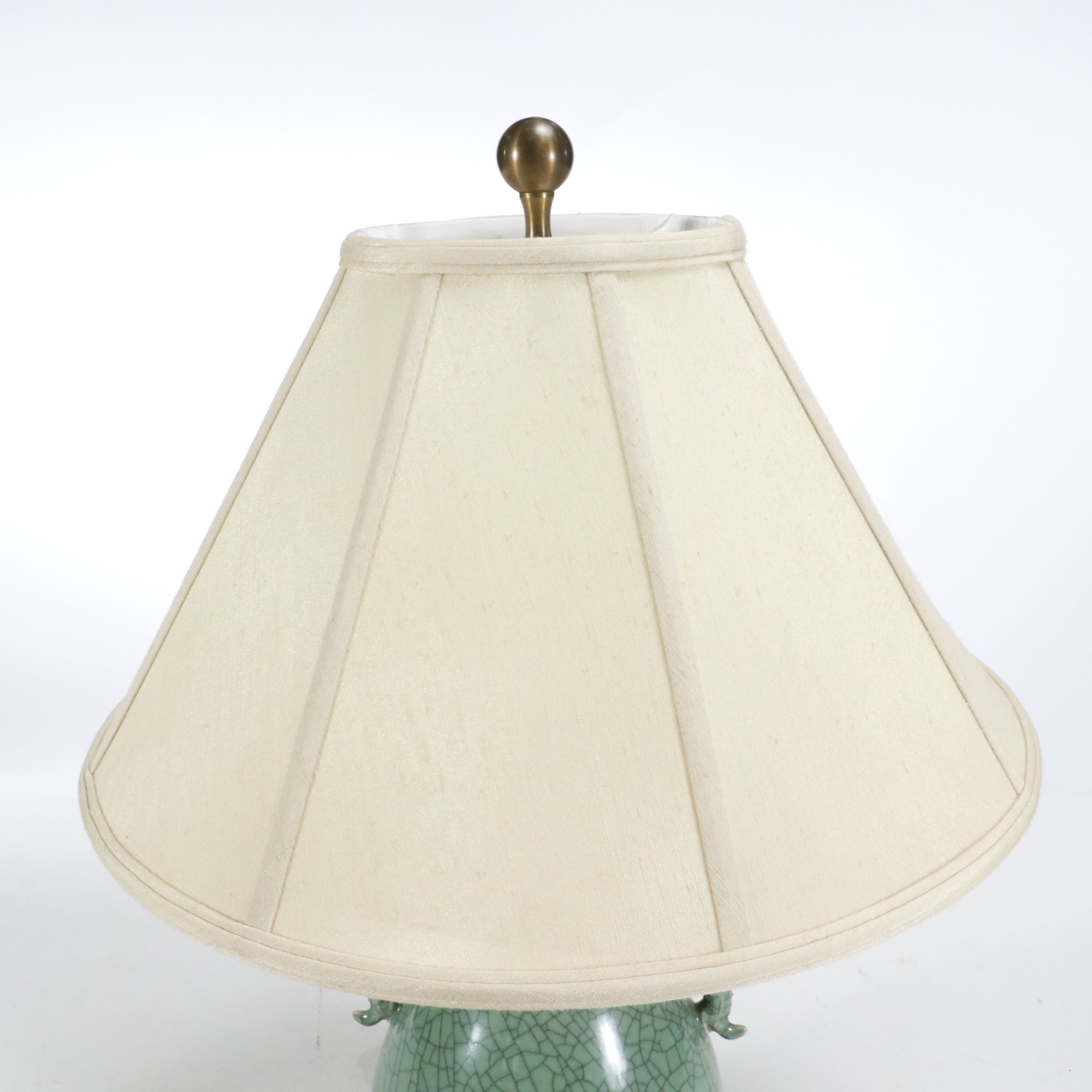 Chinese Celadon Glaze Hu Vase Lamp with Dragon Handles and Silk Shade