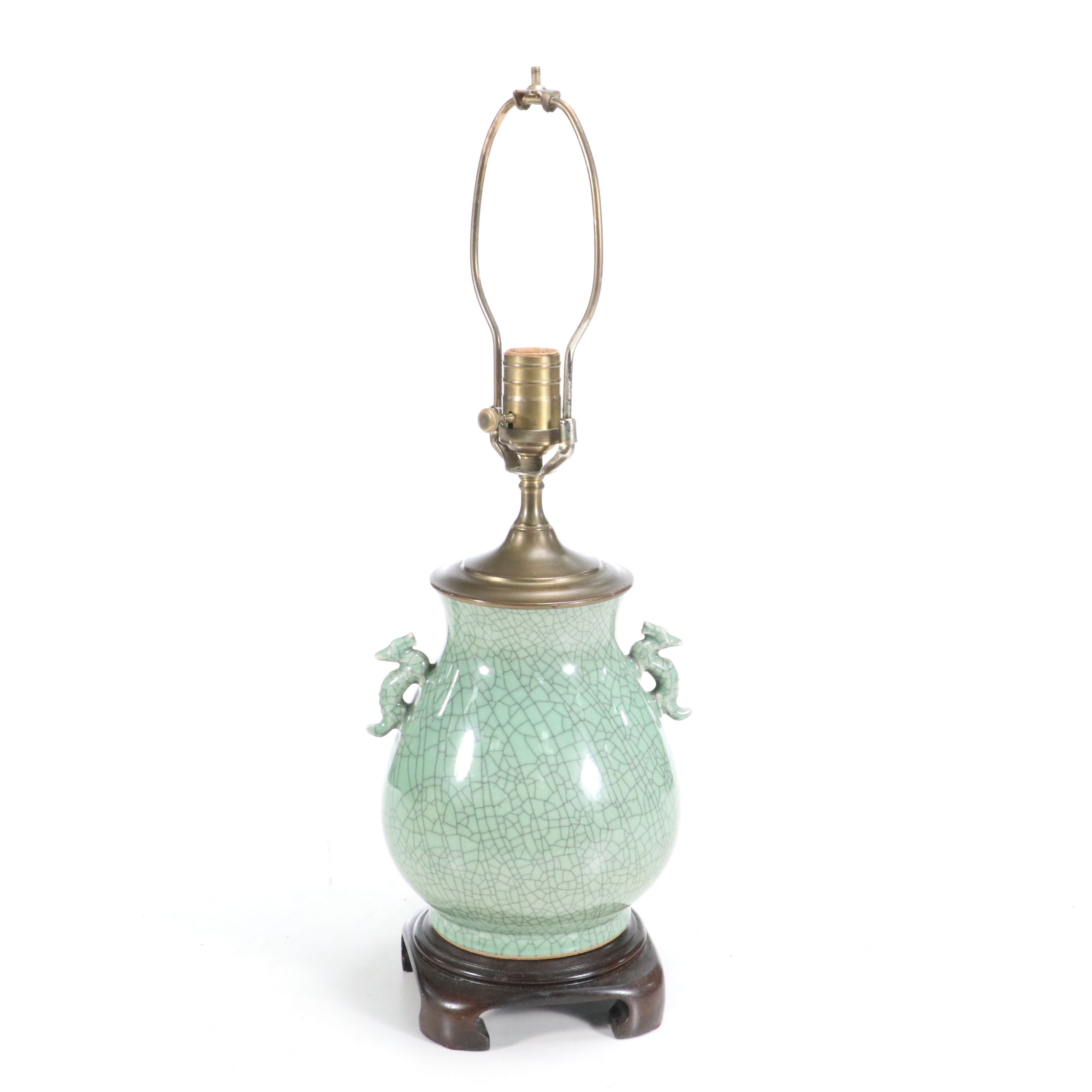 Chinese Celadon Glaze Hu Vase Lamp with Dragon Handles and Silk Shade