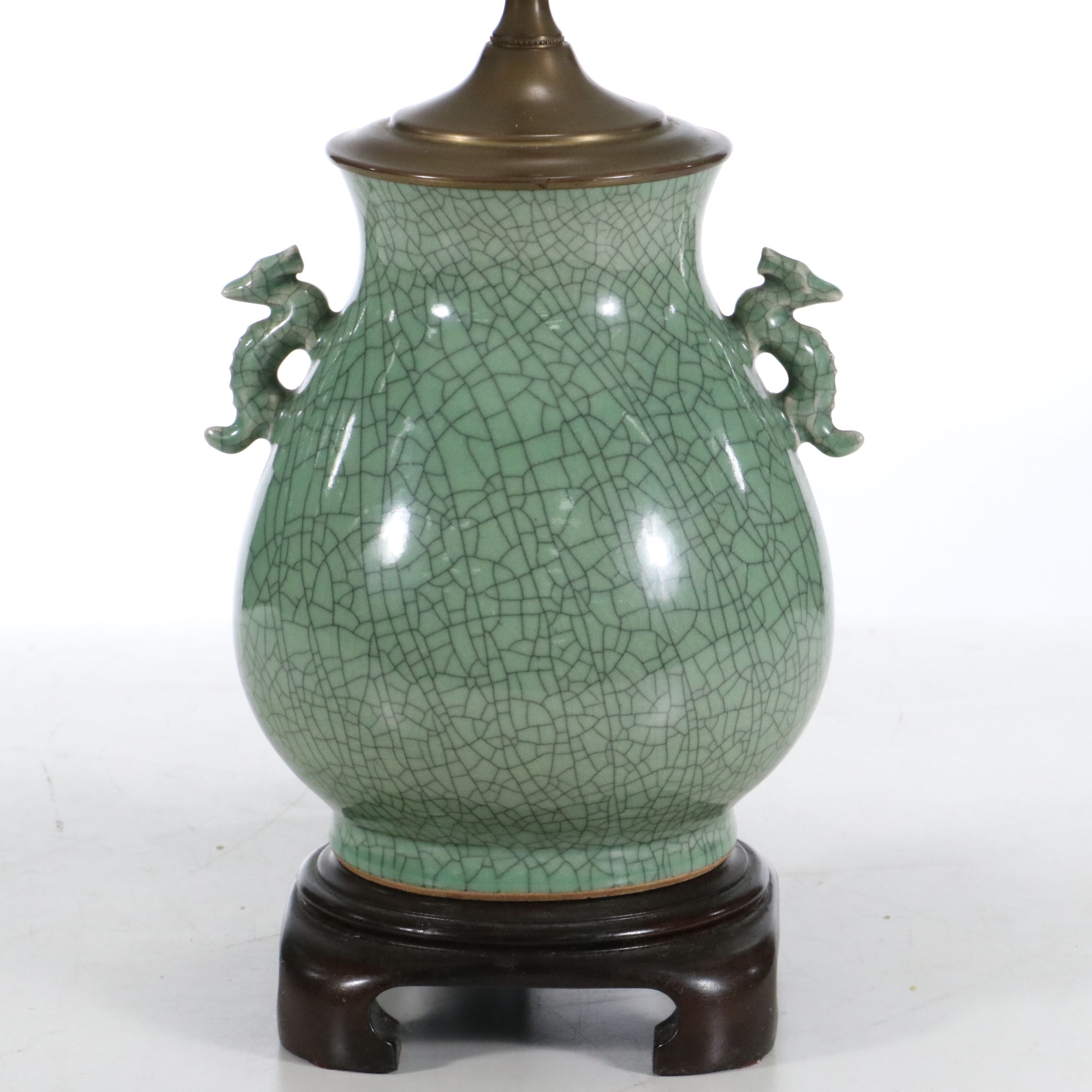 Chinese Celadon Glaze Hu Vase Lamp with Dragon Handles and Silk Shade