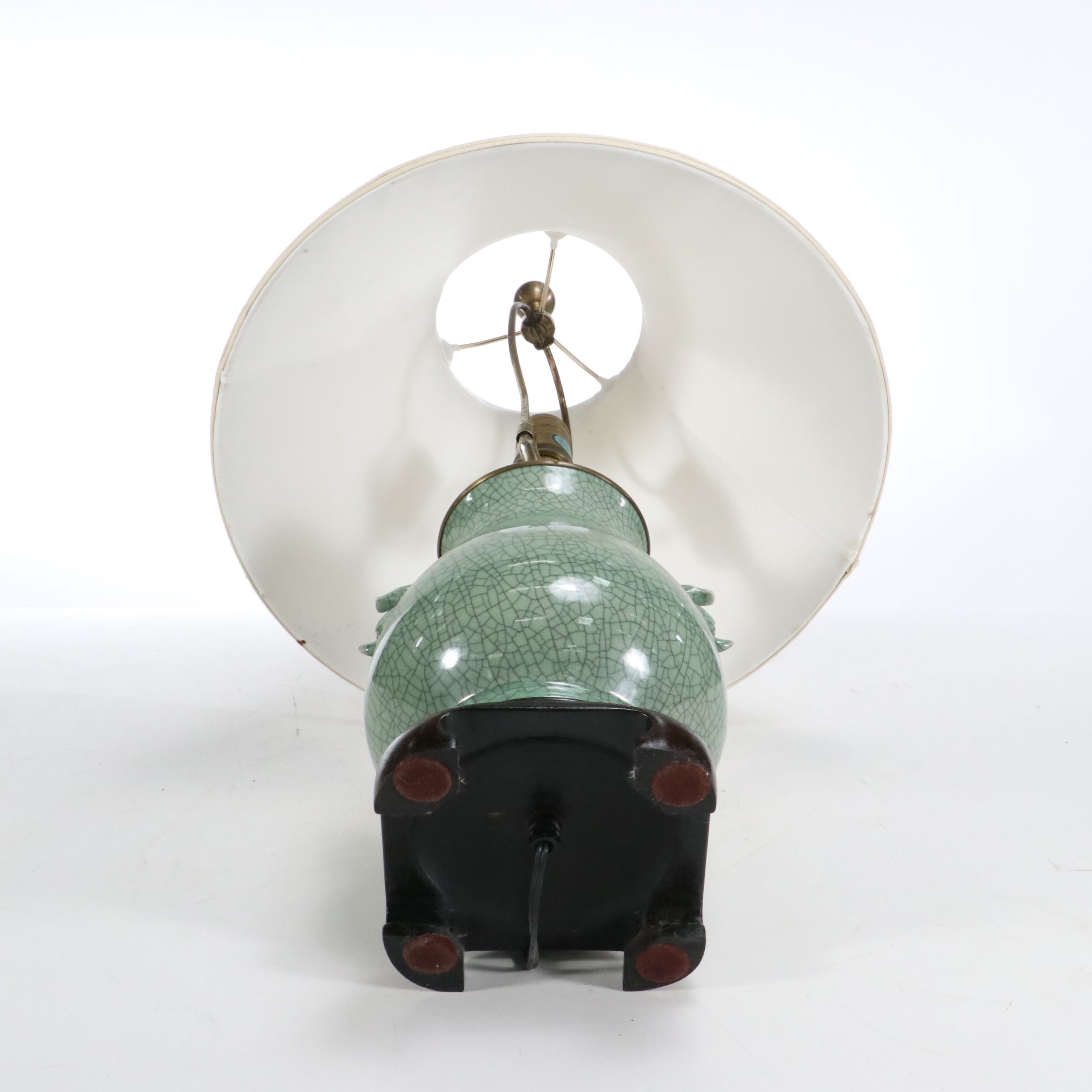 Chinese Celadon Glaze Hu Vase Lamp with Dragon Handles and Silk Shade