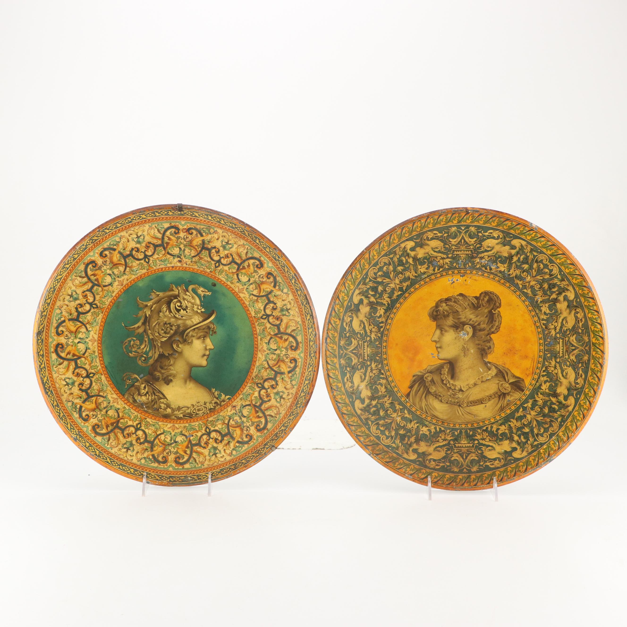 Vintage Pallas Minerva and Other Tin Litho Wall Hanging Chargers