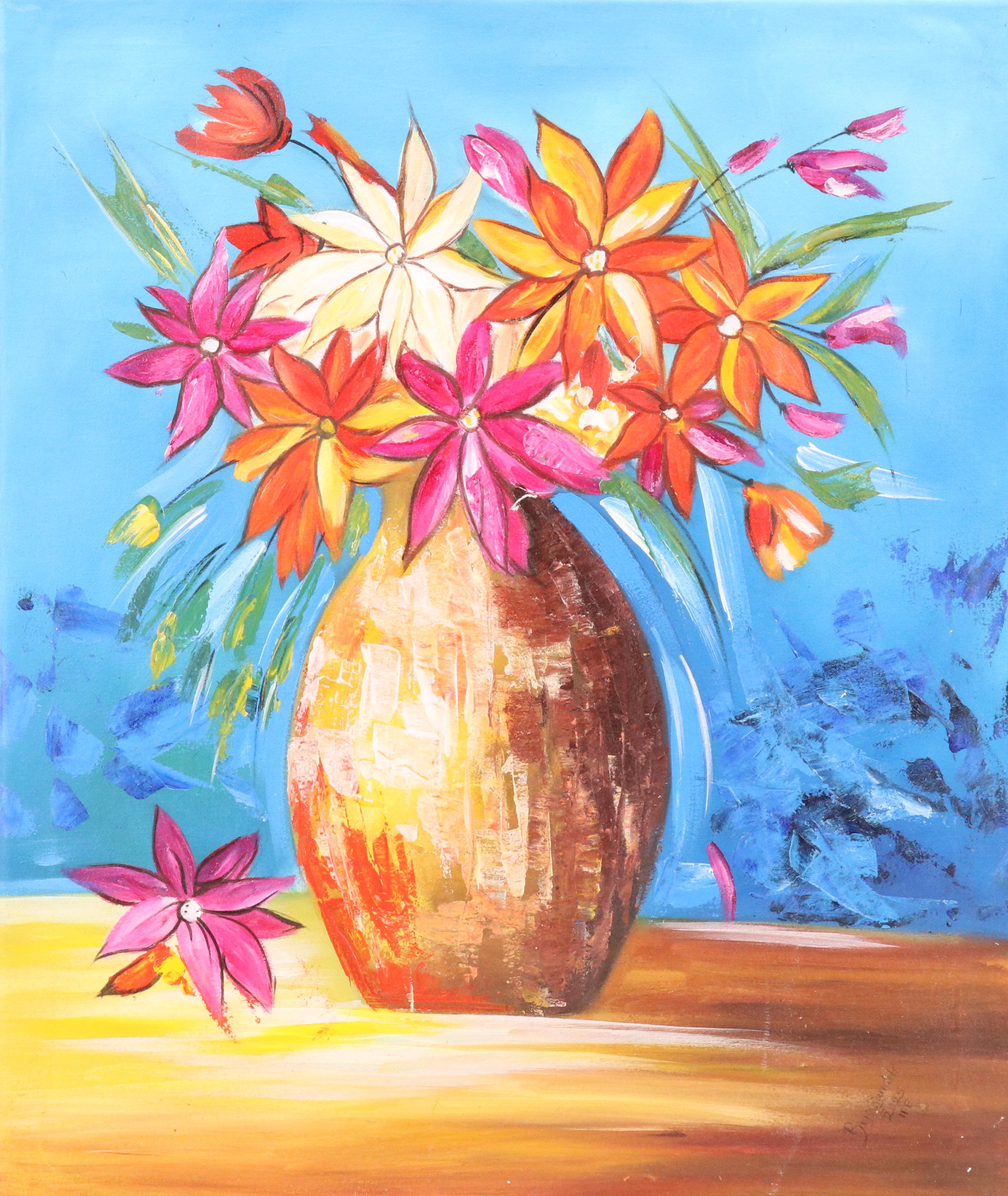 Bayo Ogundele Stylized Floral Still Life Oil Painting "Beautification Flower"