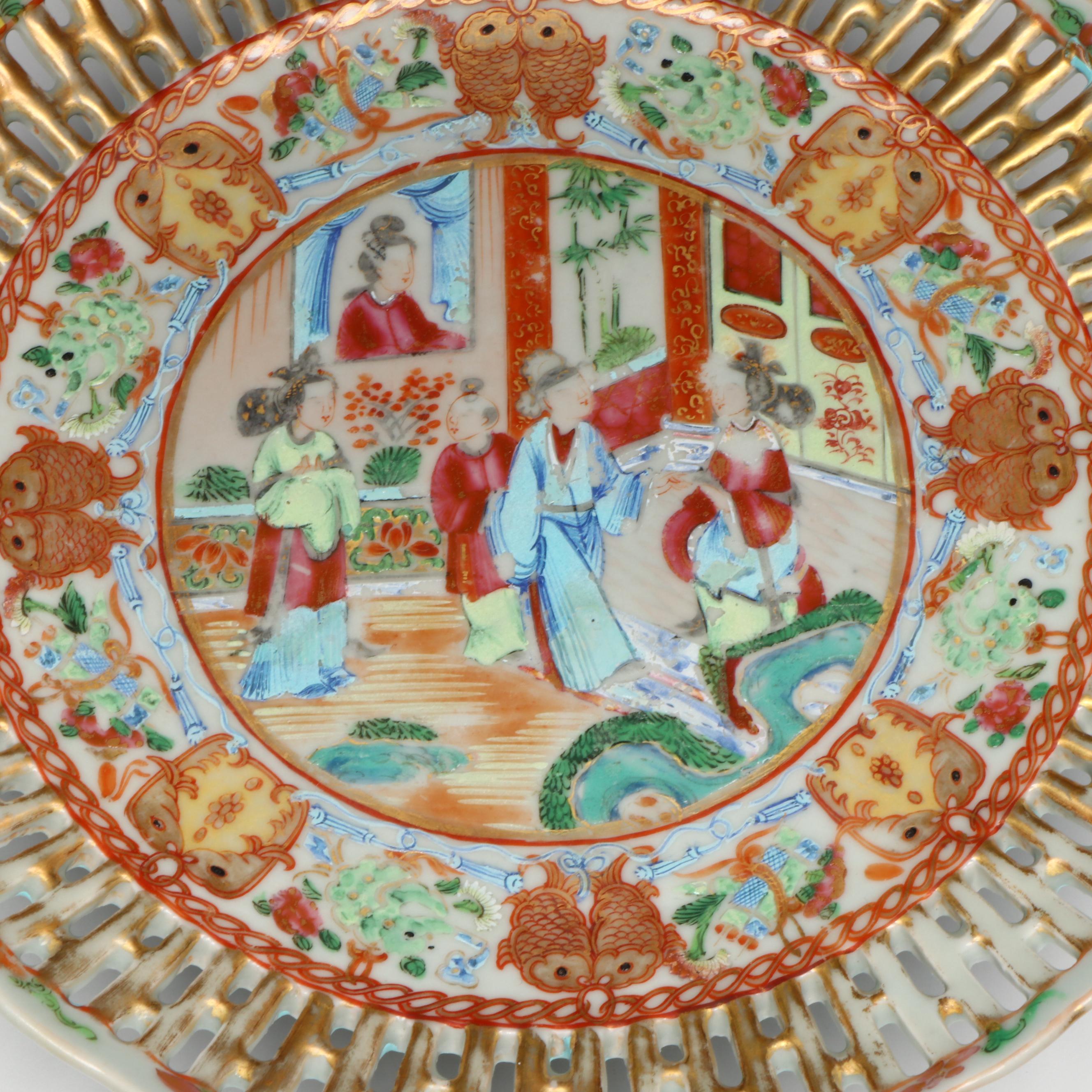 Antique Chinese Export Qing Dynasty Porcelain Reticulated Bowl and Dishes