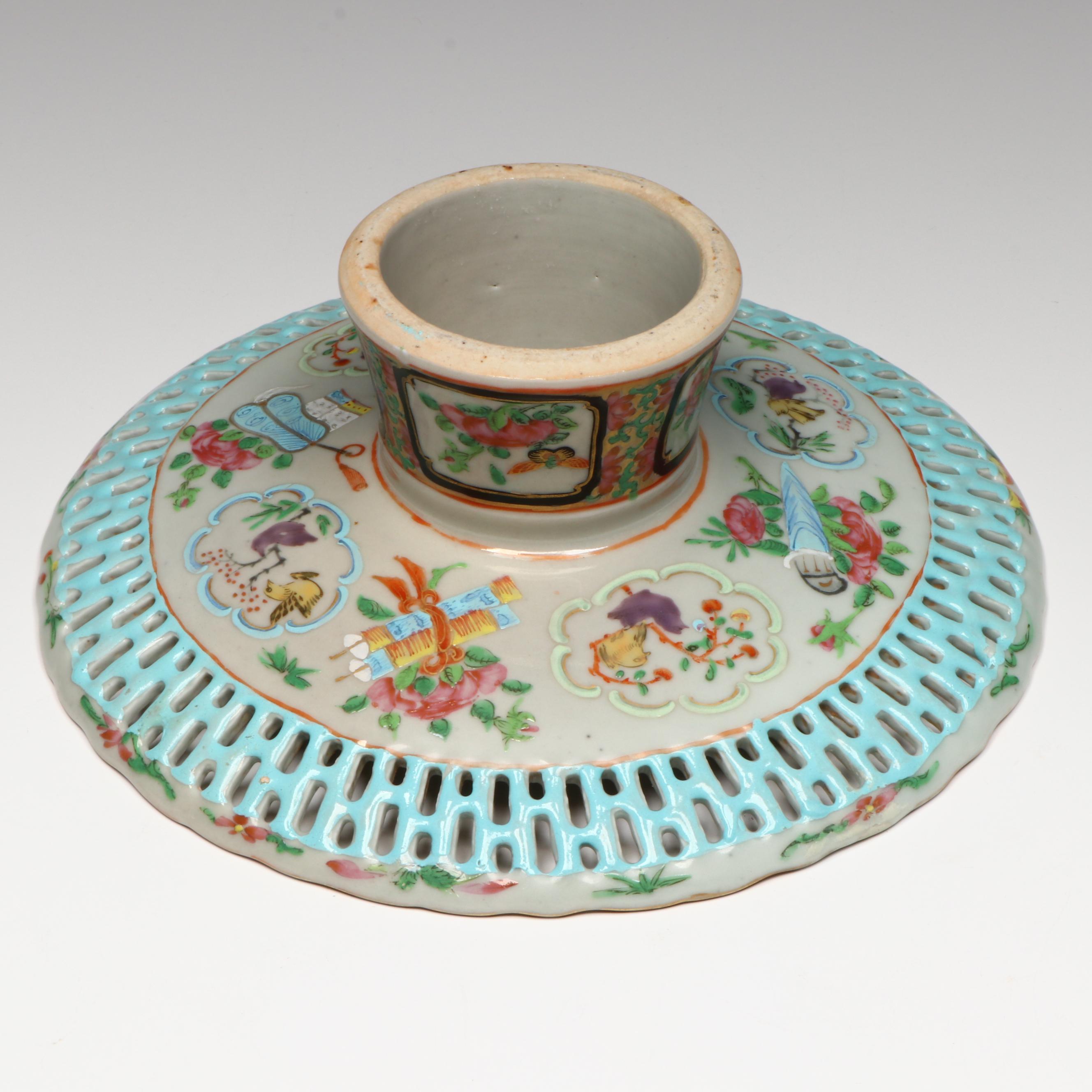 Antique Chinese Export Qing Dynasty Porcelain Reticulated Bowl and Dishes