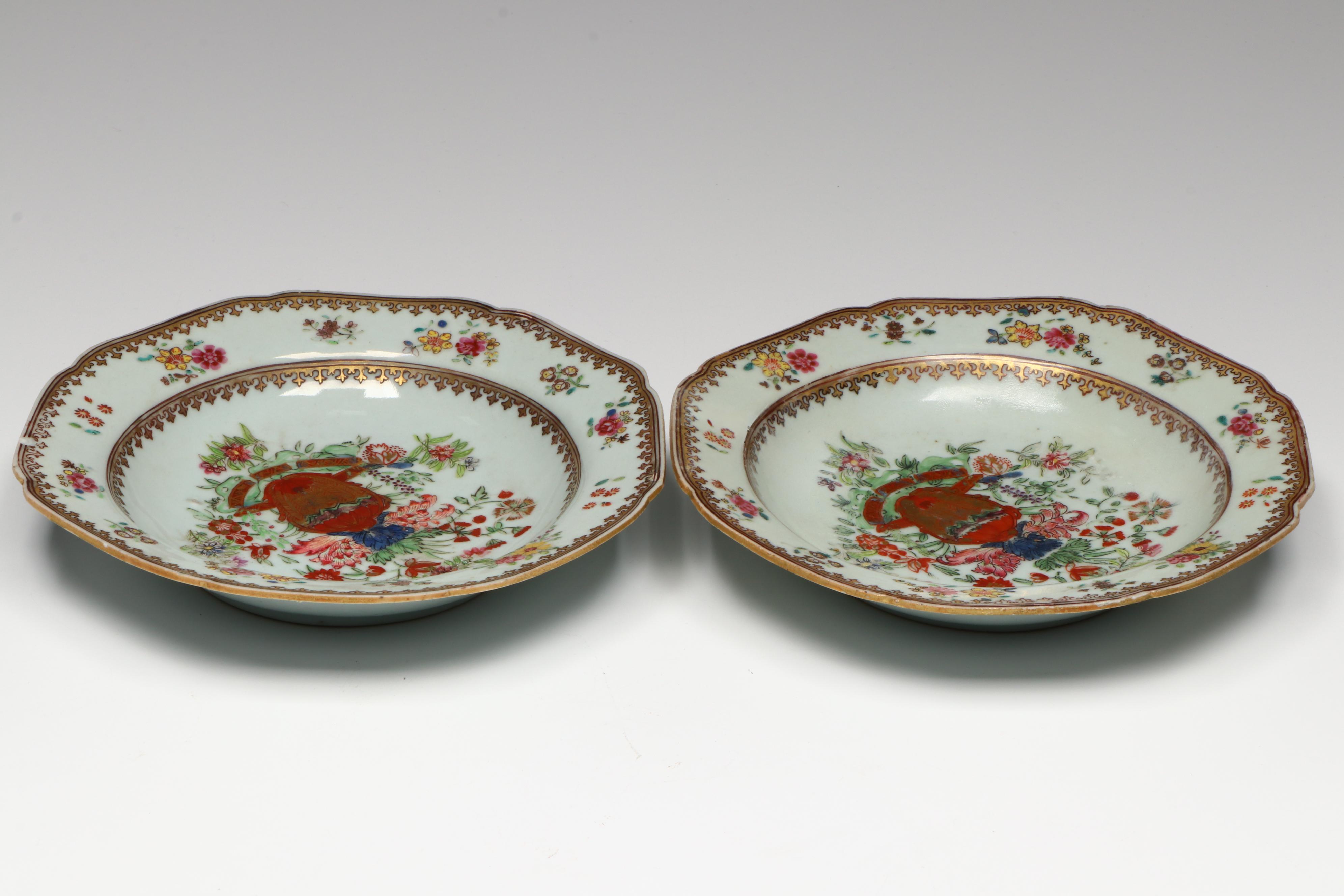 Antique Chinese Export Qing Dynasty Porcelain Reticulated Bowl and Dishes