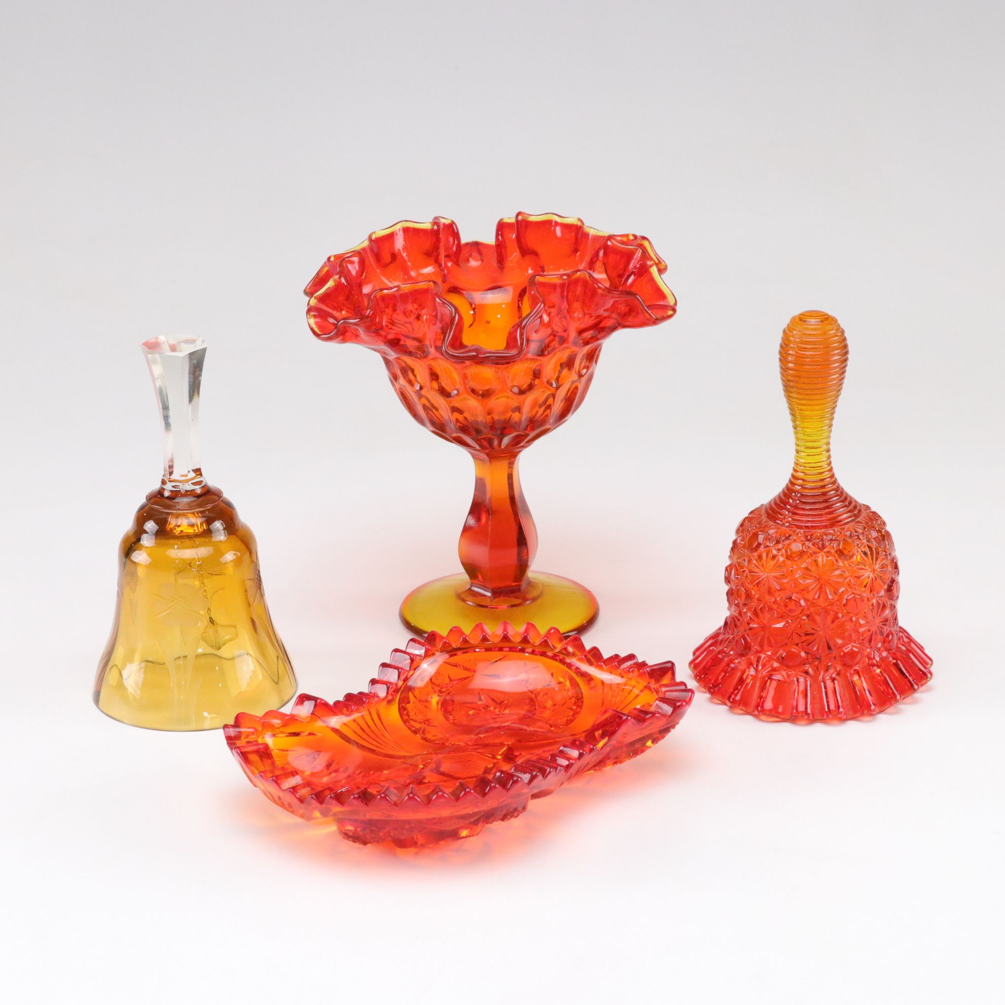 Fenton Amberina Bell and Candy Dish with Etched Glass Bell and Nortec Card Tray