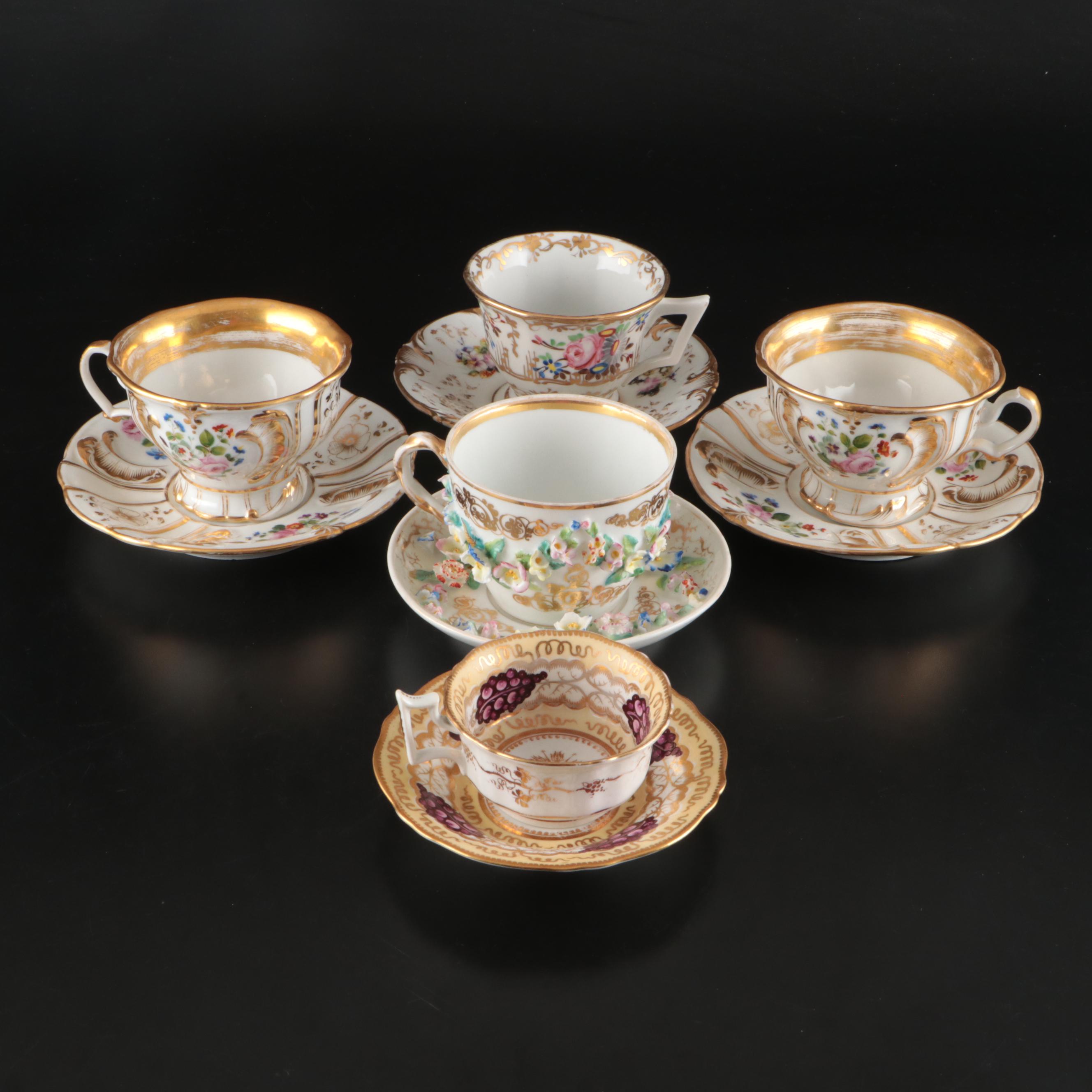 English Coalbrookdale Style with Other Georgian Style Teacups and Saucers