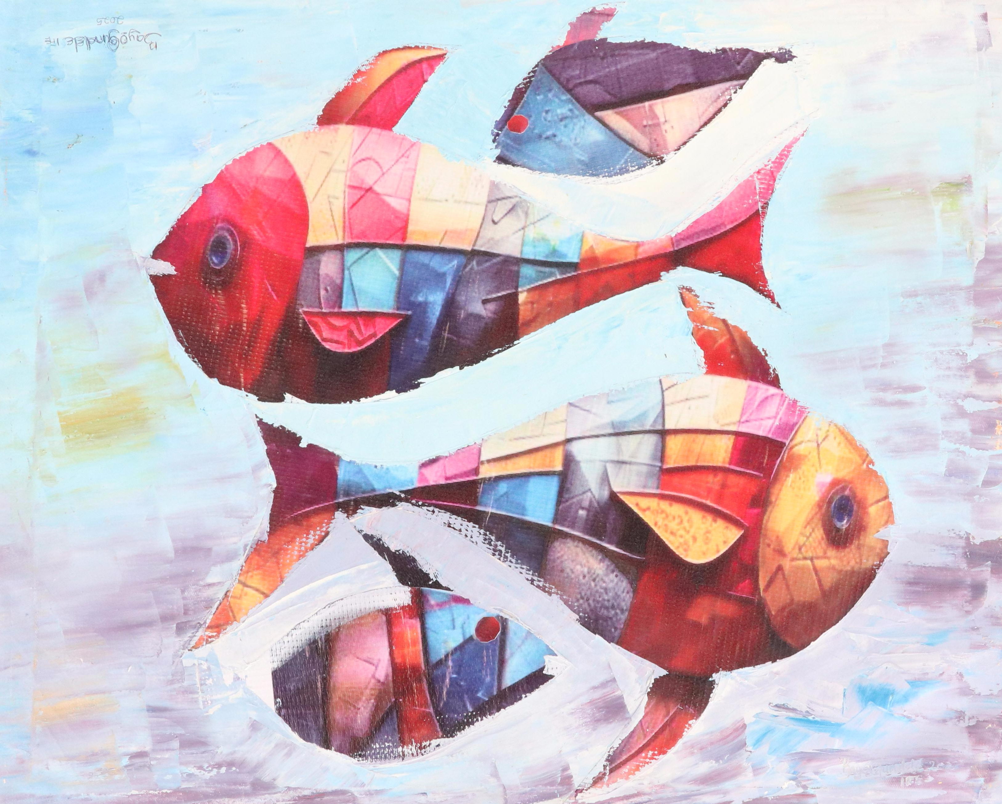 Bayo Ogundele Stylized Mixed Media Collage "Fishes," 2025