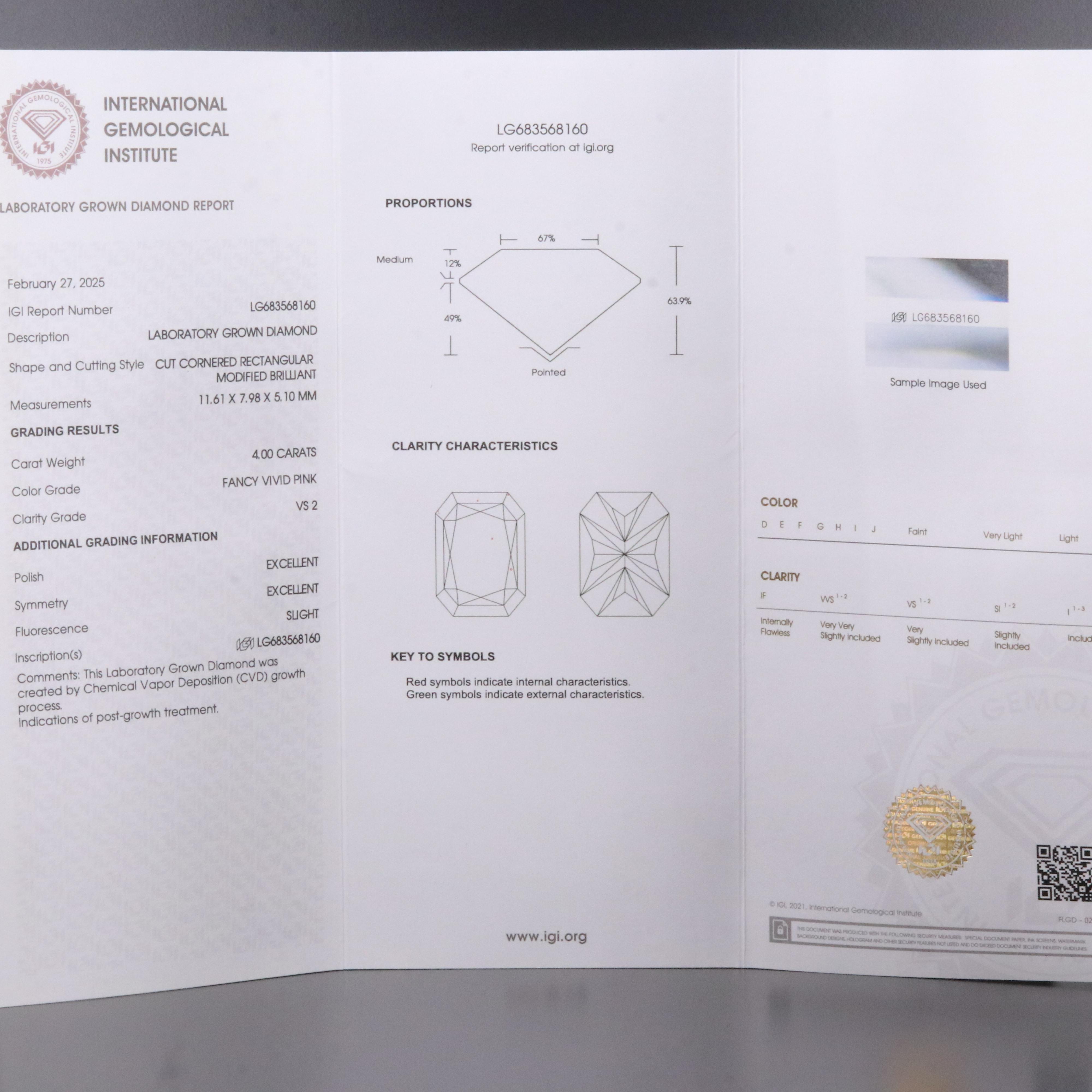 14K 5.00 CTW Lab Grown Diamond Ring with Fancy Pink Center and IGI Report