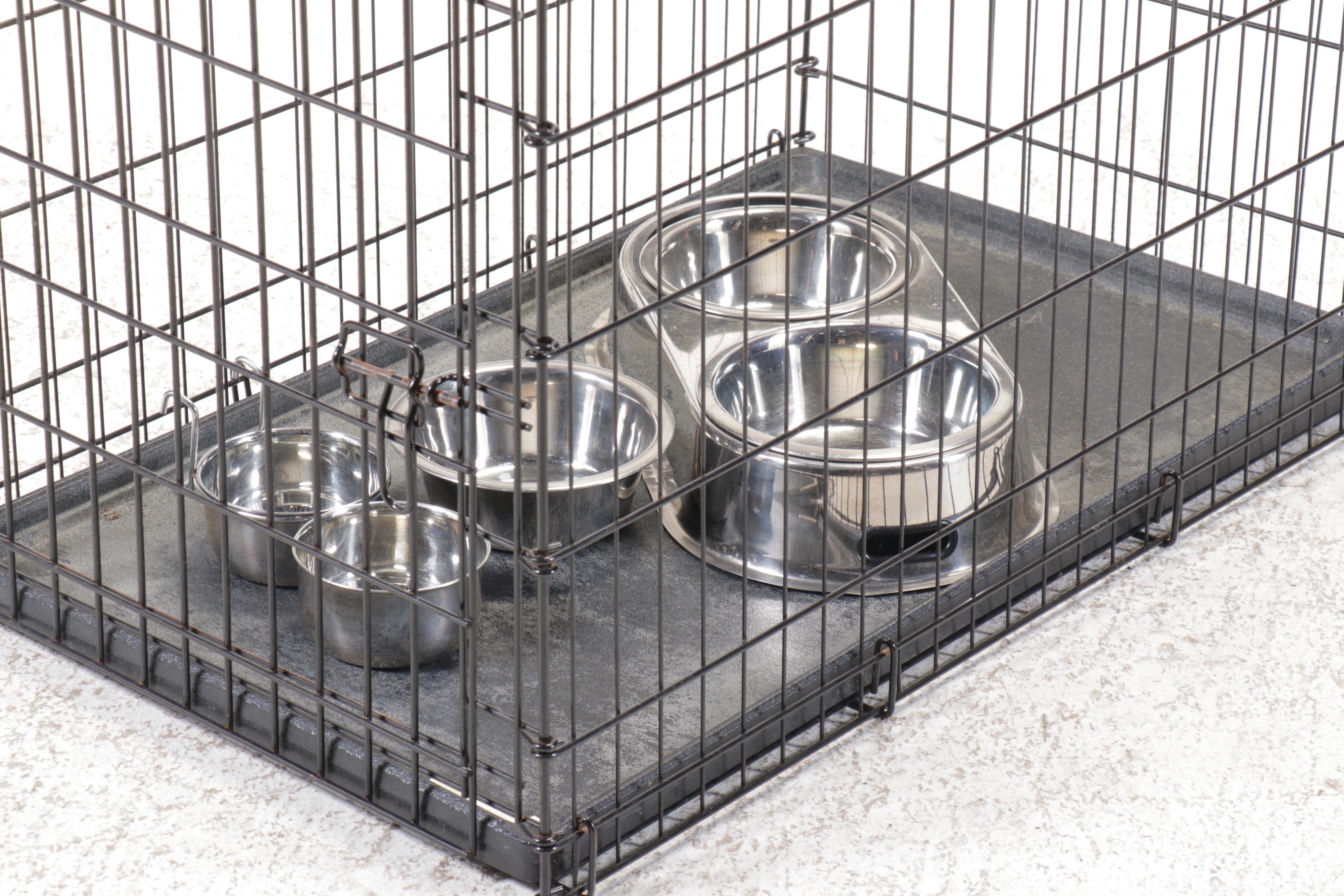 Three Collapsible Metal Pet Crates with Assorted Stainless Steel Bowls