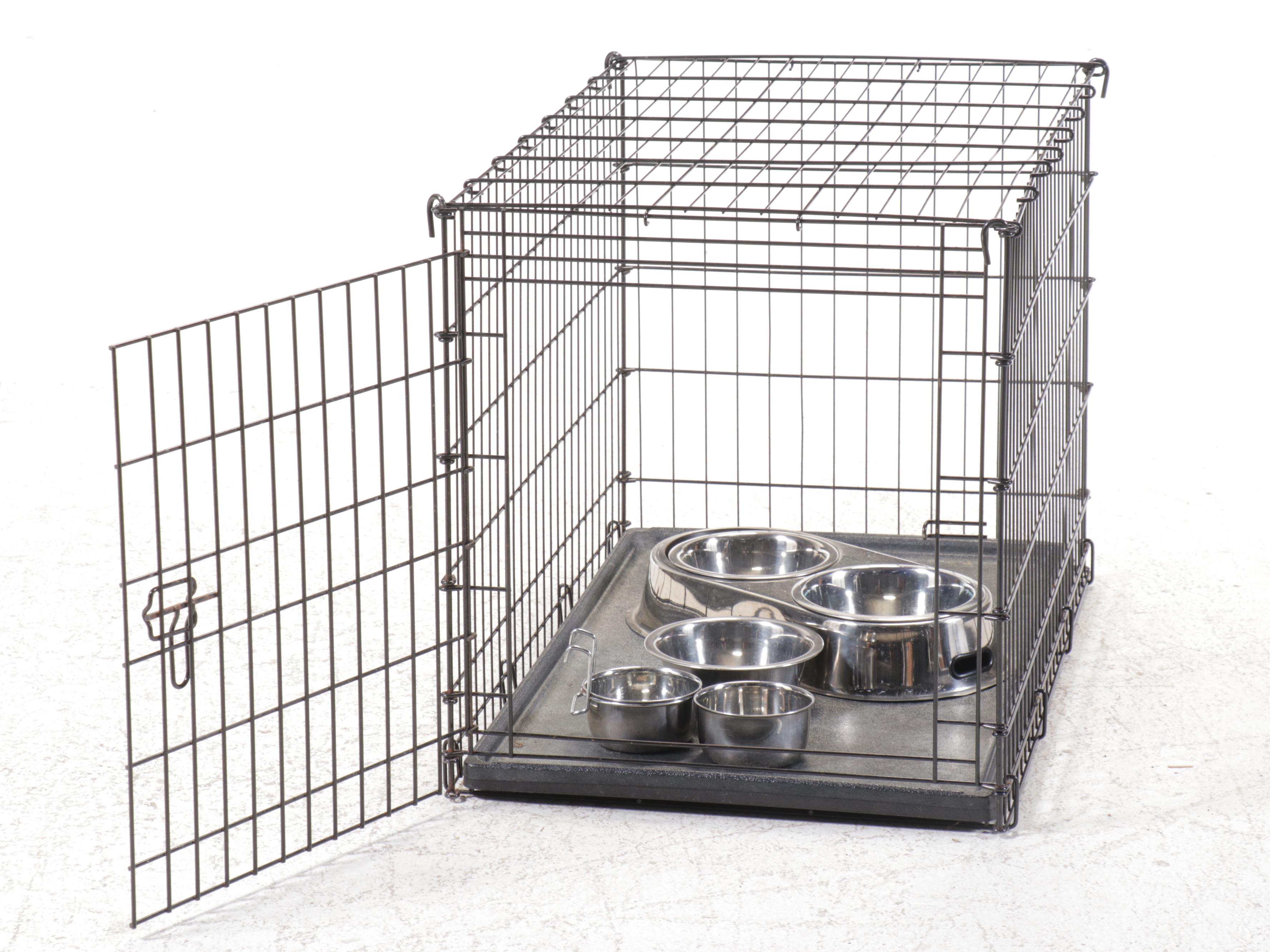 Three Collapsible Metal Pet Crates with Assorted Stainless Steel Bowls