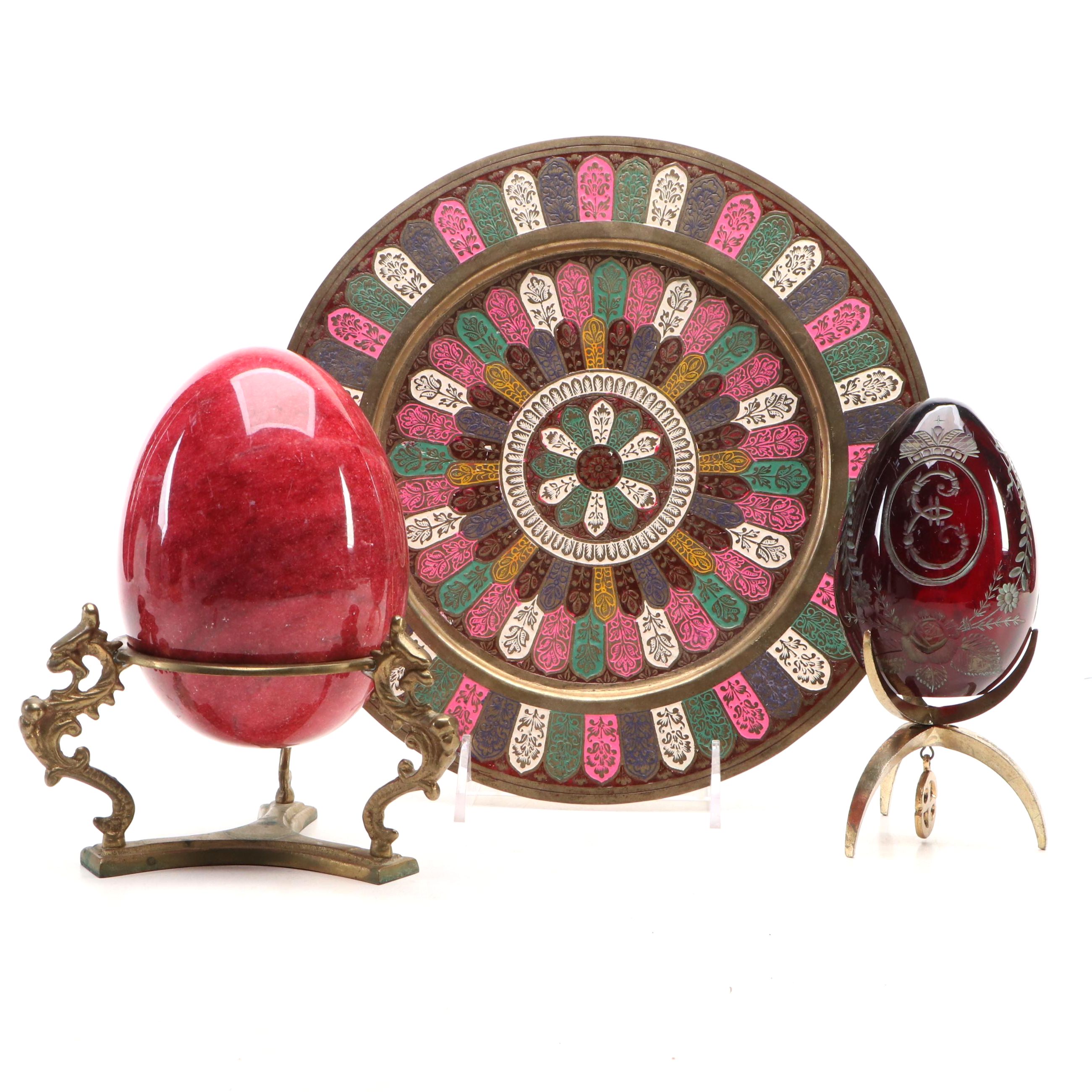 Stone and Glass Egg Figures on Brass Stands & Indo-Persian Enameled Brass Plate
