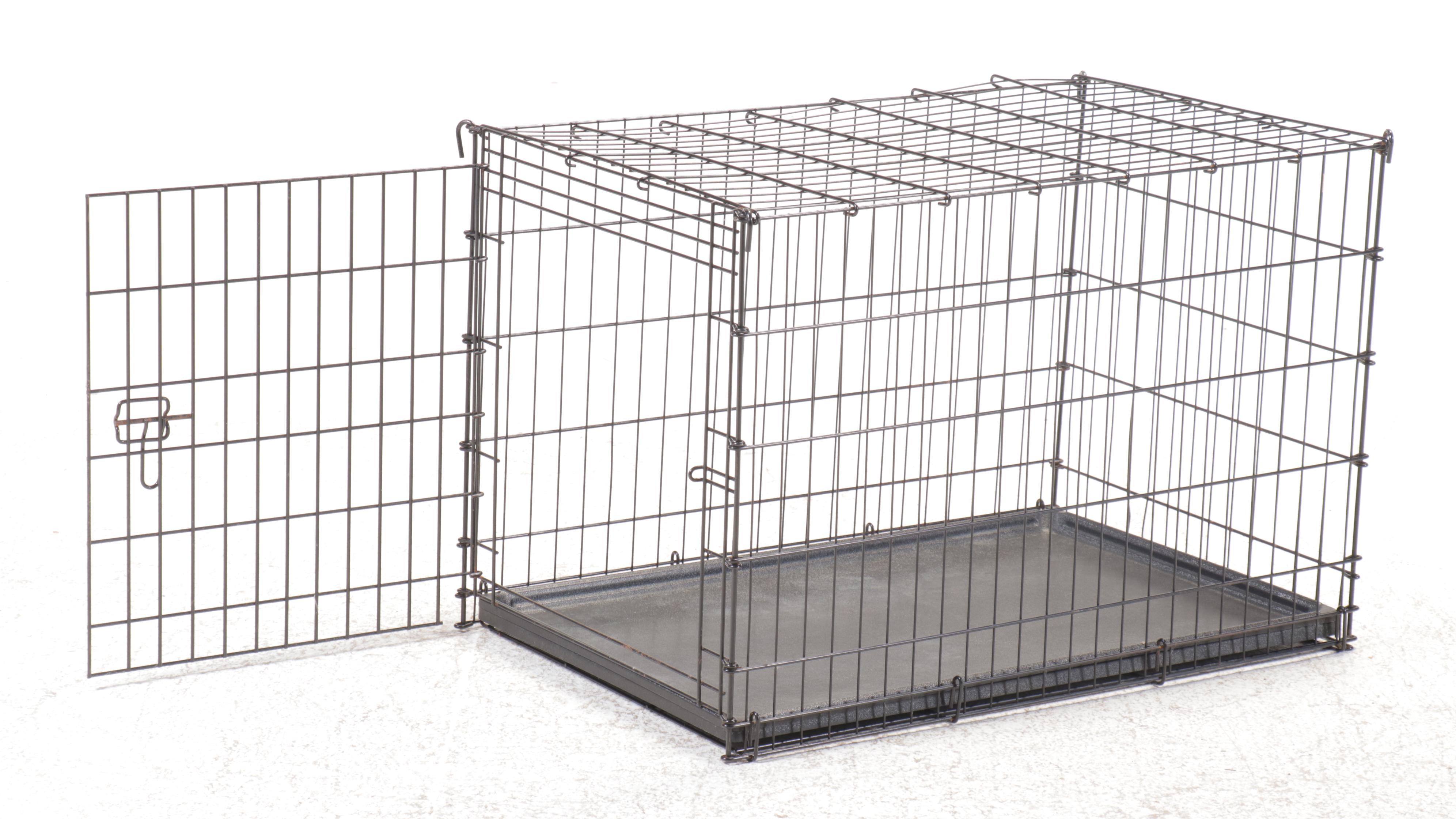 Three Collapsible Metal Pet Crates with Assorted Stainless Steel Bowls