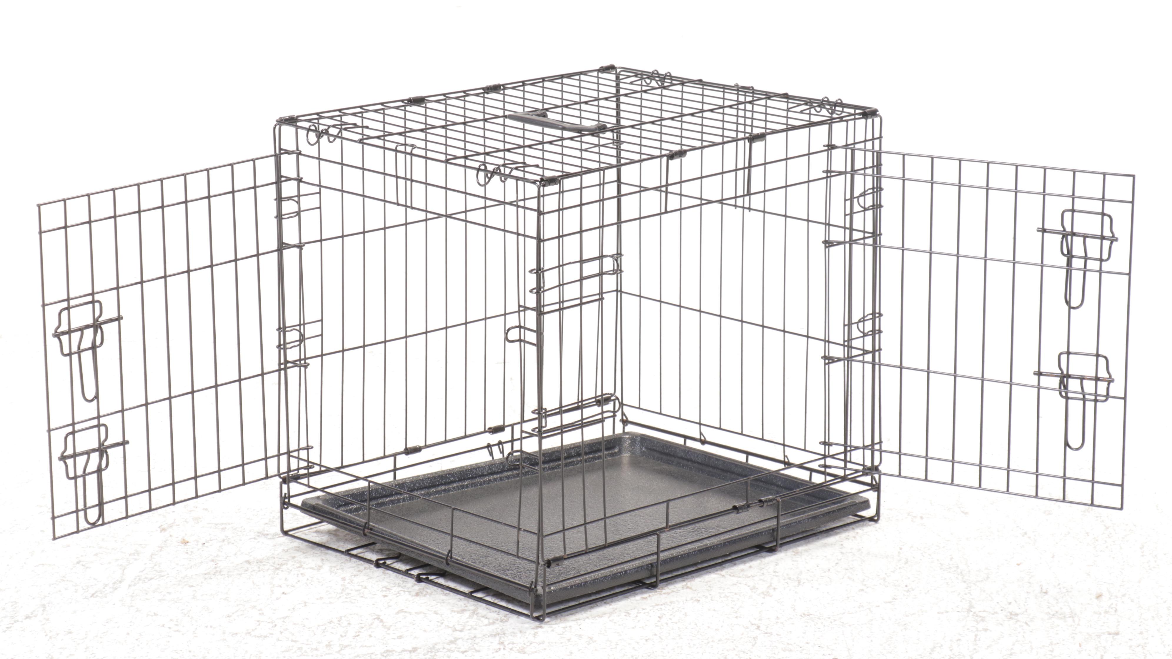 Three Collapsible Metal Pet Crates with Assorted Stainless Steel Bowls
